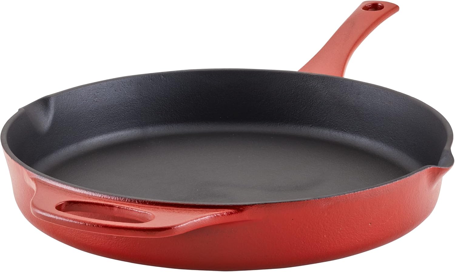 Rachael Ray NITRO Cast Iron Frying Pan/Skillet with Helper Handle and Pour Spouts, 12 Inch, Red