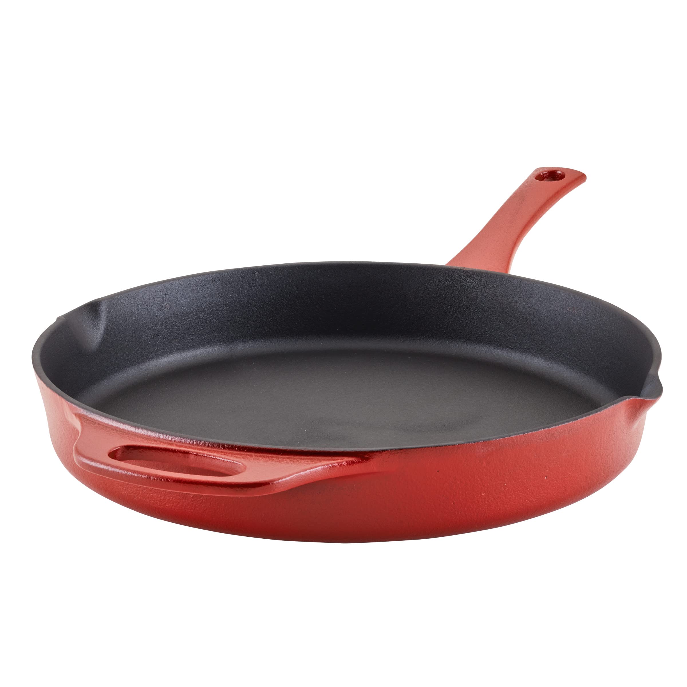 Rachael Ray Premium Rust-Resistant Cast Iron Frying Pan/Skillet with Helper Handle and Pour Spouts,Red
