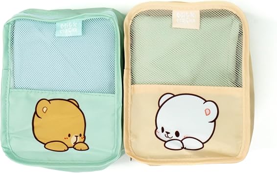 Milk and Mocha Travel Packing Cubes Set Authorized Milkmochabear Merchandise Pack of 4 Cute Adorable Multiple Sizes Polyester Storage Organizer for Luggage Suitcase Backpack Bags
