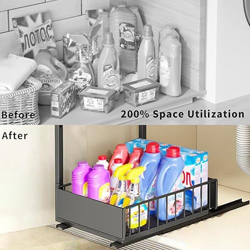 Miniatura 6 de Organizador para debajo del fregadero, organizador ajustable de 2 niveles con ganchos, estante deslizante para debajo del gabinete, organizador