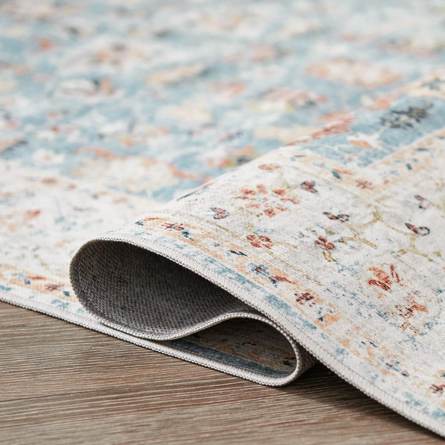 jinchan Runner Rug 2x5 - Hallway Rug Kitchen Washable Runner Vintage Floral Boho Lightweight Thin Non-Slip Retro Distressed Carpet for Entryway Bathroom Bedroom Laundry Room Light Blue