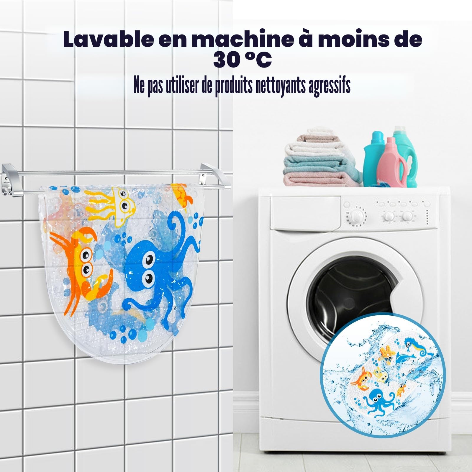 Tapis de Bain Bande Dessinée Antidérapant avec Ventouse 71x38cm Pieuvre