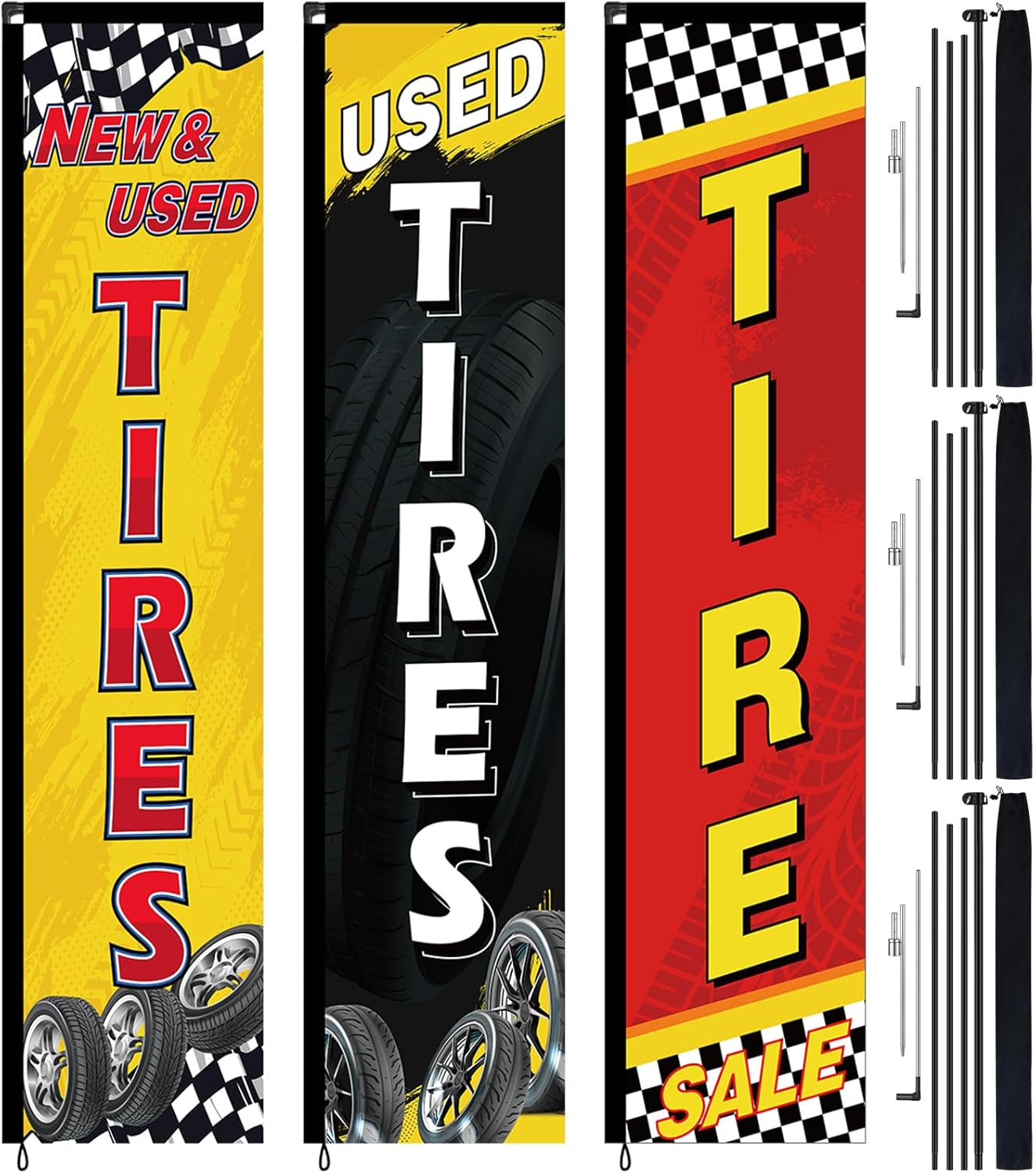 Remagr 3 Pcs 14.7ft New Used Tires Sale Outdoor Advertising Swooper Rectangle Flags Banners Sign Banner with Pole Kit and Ground Stake Swooper Flag Aluminum Alloy Flagpole Kit for Tires Shop Outlet