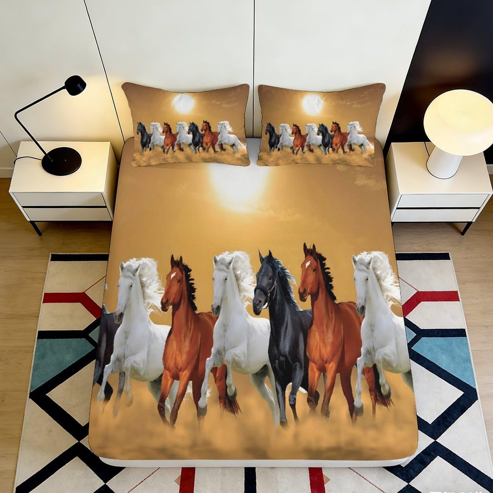 Pnayamiorkfel Style-3 3D Printed Running Horses Fitted Sheet Microfiber Soft Breathable Sunset Desert Bed Cover For Bedroom Dorm Decor 90X200x25cm