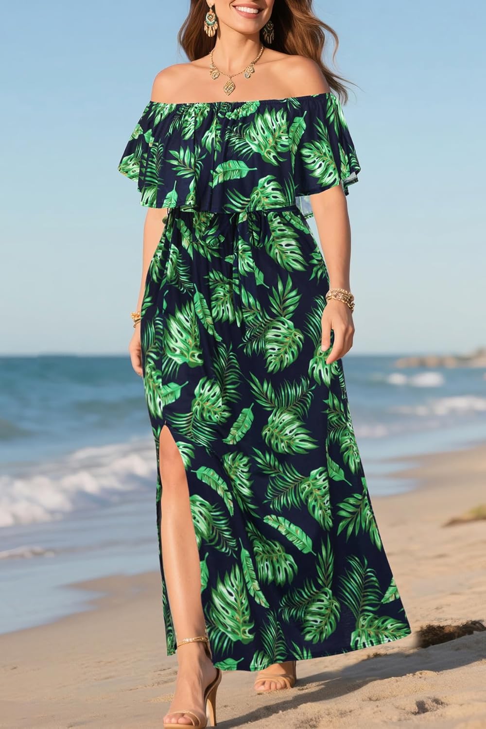 Plus Size Off The Shoulder Maxi Long Casual Beach Dress Pockets Women - Image 5
