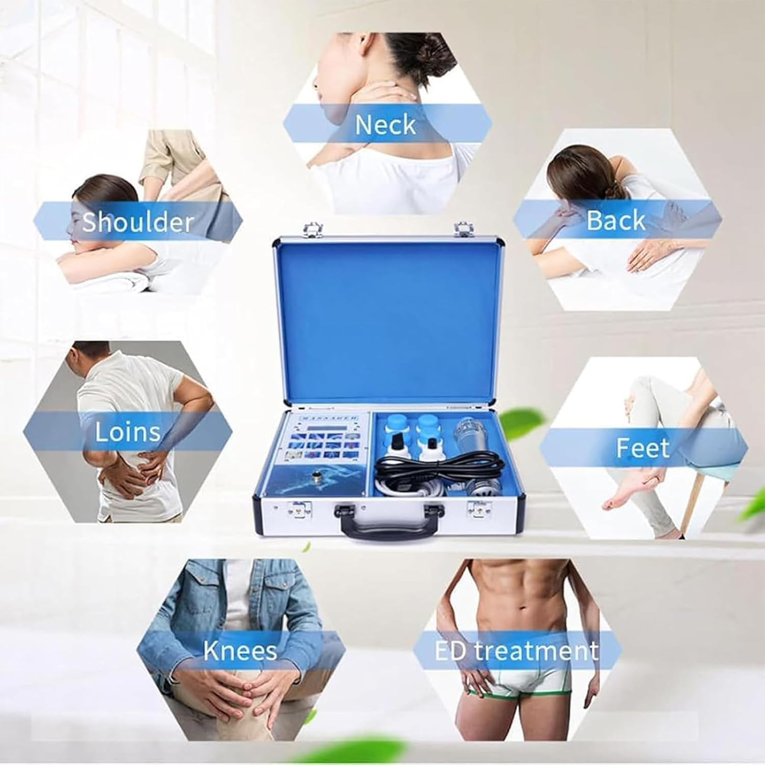 Macchina per Terapia ad Onde d'urto ED con 7 Testine Massaggio Dispositivo Portatile per Fisioterapia Ad Massaggiatore Elettromagnetico Per Corpo Extracorporee Trattamento Ed Alleviare Dolore