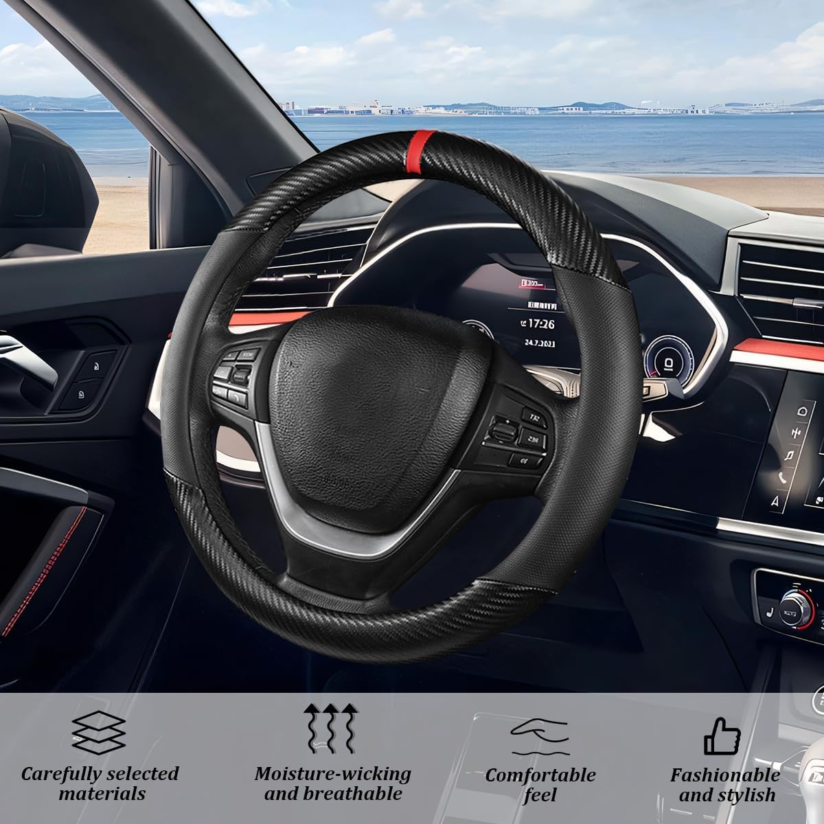 Carbon Fiber Car Steering Wheel Cover, Leather Breathable Automotive Wheel Protector, 15 Inch Anti-Slip Vehicle Interior Steering Accessories, Universal for SUV Truck Sedan (Black)