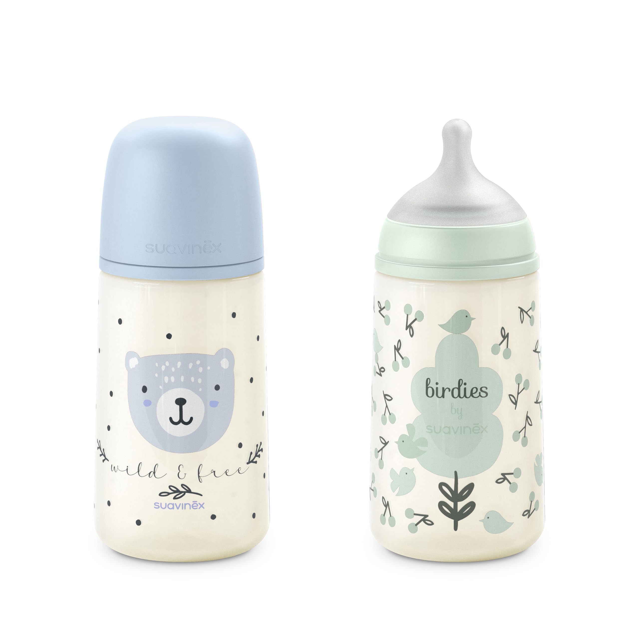Suavinex, Confezione 2 Biberon da 270 ml, Tettarella Simmetrica SX Pro in Silicone con Valvola Anticolica, Flusso Medio, Liquido Densità Media, Latte, Succhi, Acqua. ​+3 Mesi.Birdies, Wild&Free, Blu