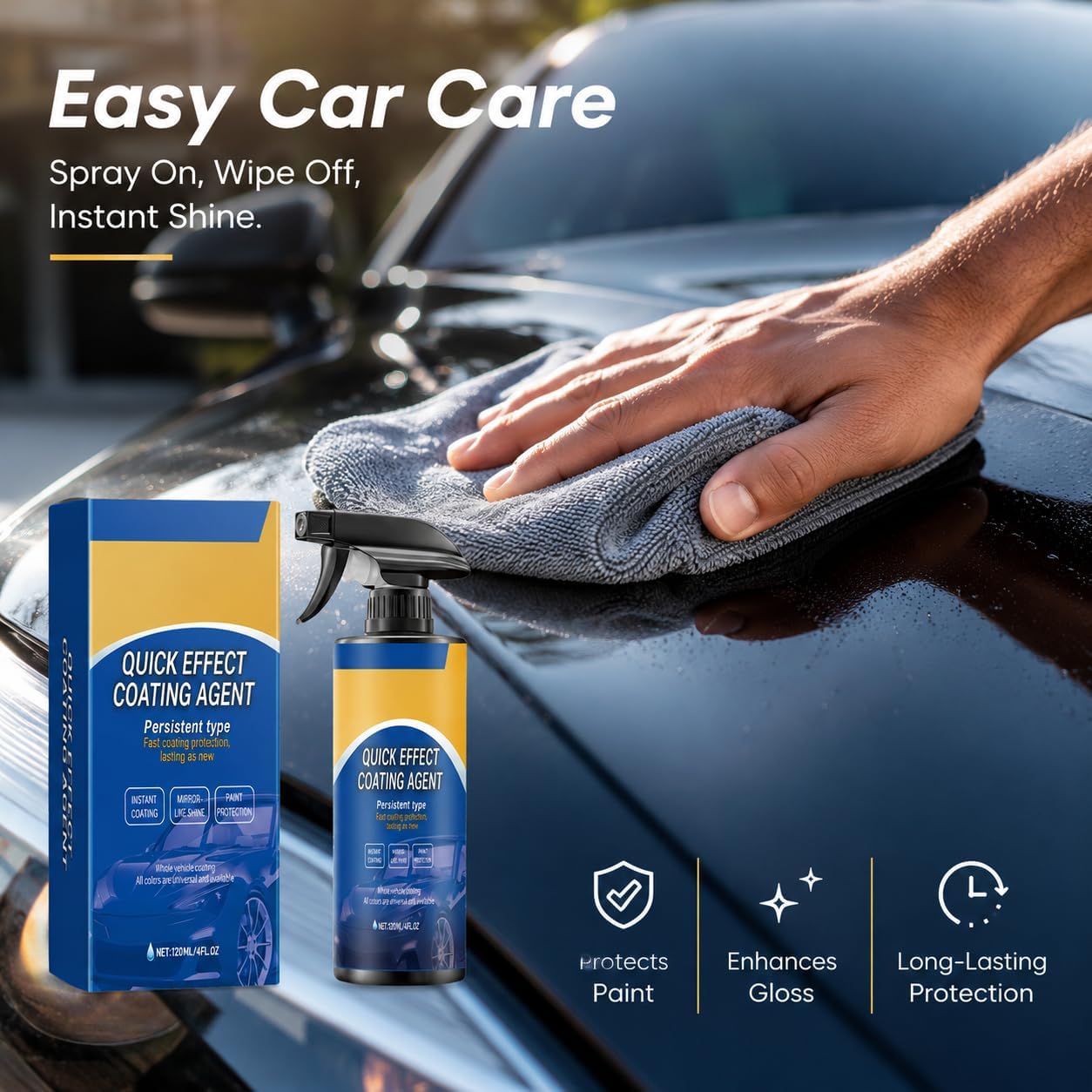 Quick Effect Coating Agent for Car, 120 mL Ceramic Coating Spray, Car Wax Spray for Glossy Shine and Water Beading, Wipe Quick Detailer for Painted Exterior Surfaces (120 mL -4PK)