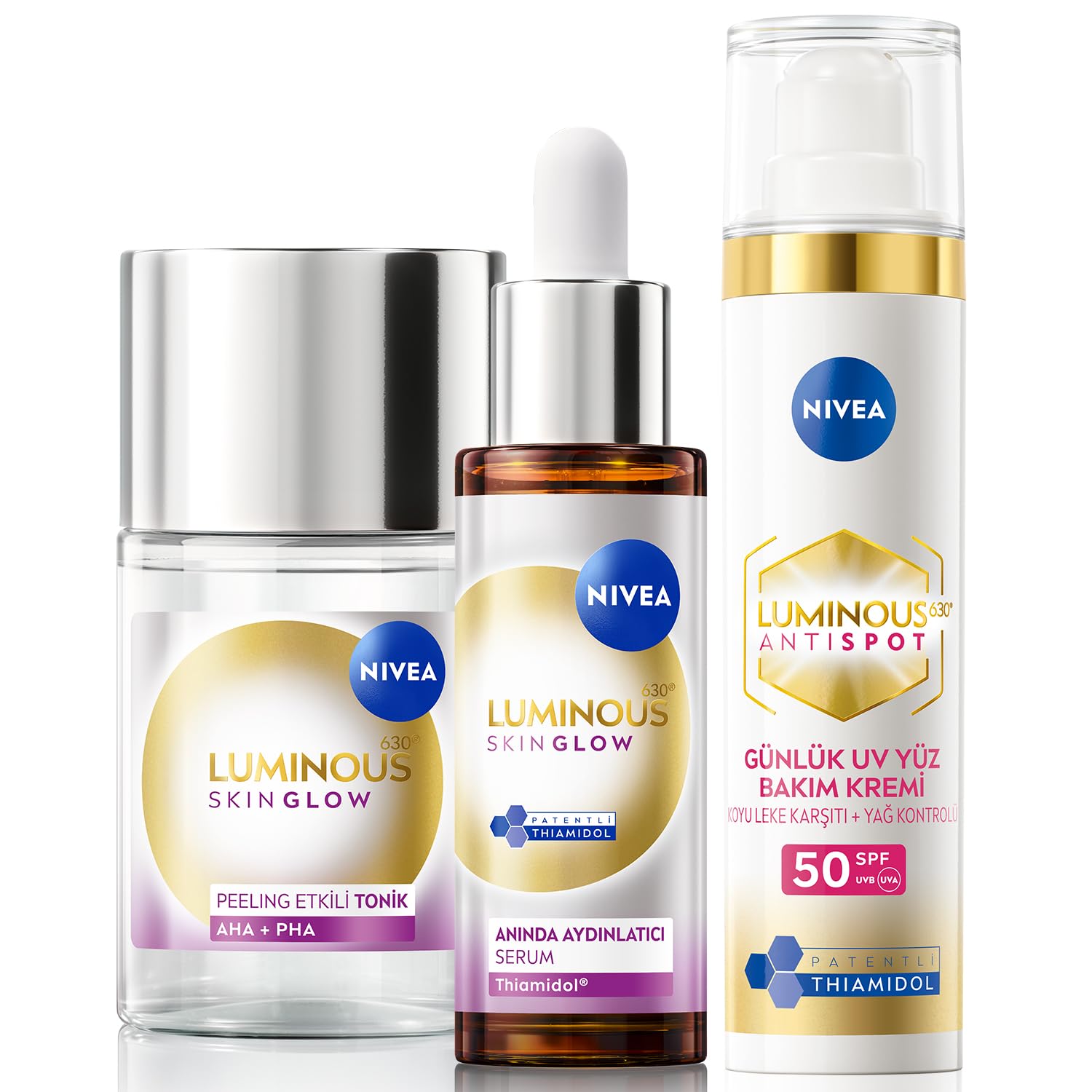 NIVEA Luminous630 Skin Glow Peeling Etkili Tonik 100 ml + Anında Aydınlatıcı Serum, 30 ml + Leke Karşıtı Gündüz Bakım Kremi 40ml