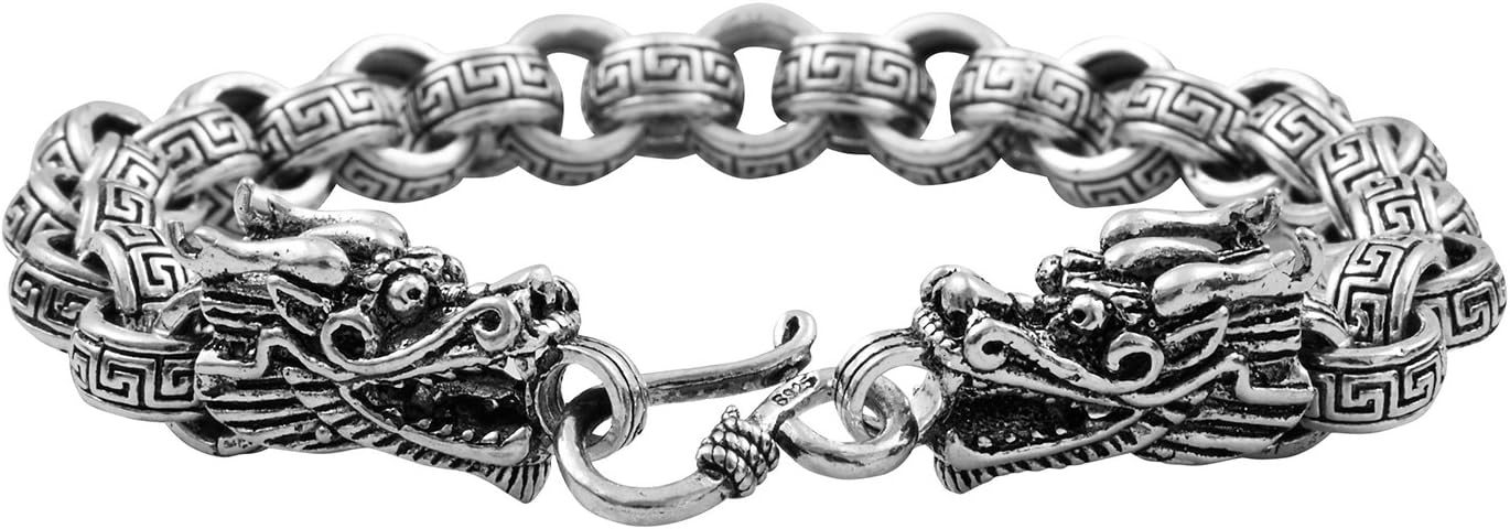OS Sterling Silver 7mm Double Dragon Thick Vintage Rolo Chain Bracelet 7.5'' to 9''