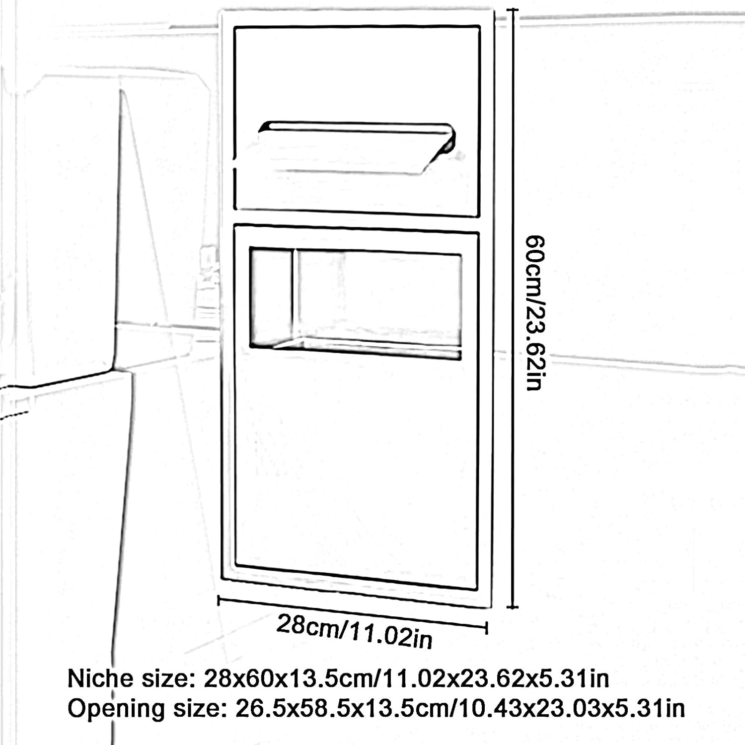 Stainless Steel Recessed Bathroom Niche - Toilet Paper & Trash Can Storage Rack,Built-in Alcove for Toiletries,Ideal for Kitchen,Living Room,Bedroom,Hotel (Gray,28x60x13.5cm)