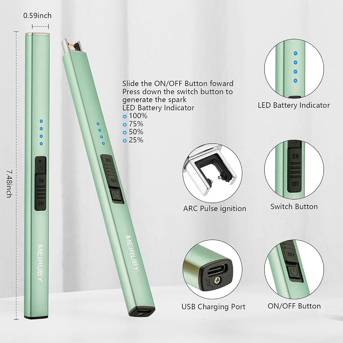 MEIRUBY Electric Candle Lighter, Christmas Stocking Stuffers Gifts for Women Mom Men Wife Sister, USB Arc Rechargeable Windproof Long Lighter for Candle BBQ Housewarming Birthday Gifts Idals Green image 1