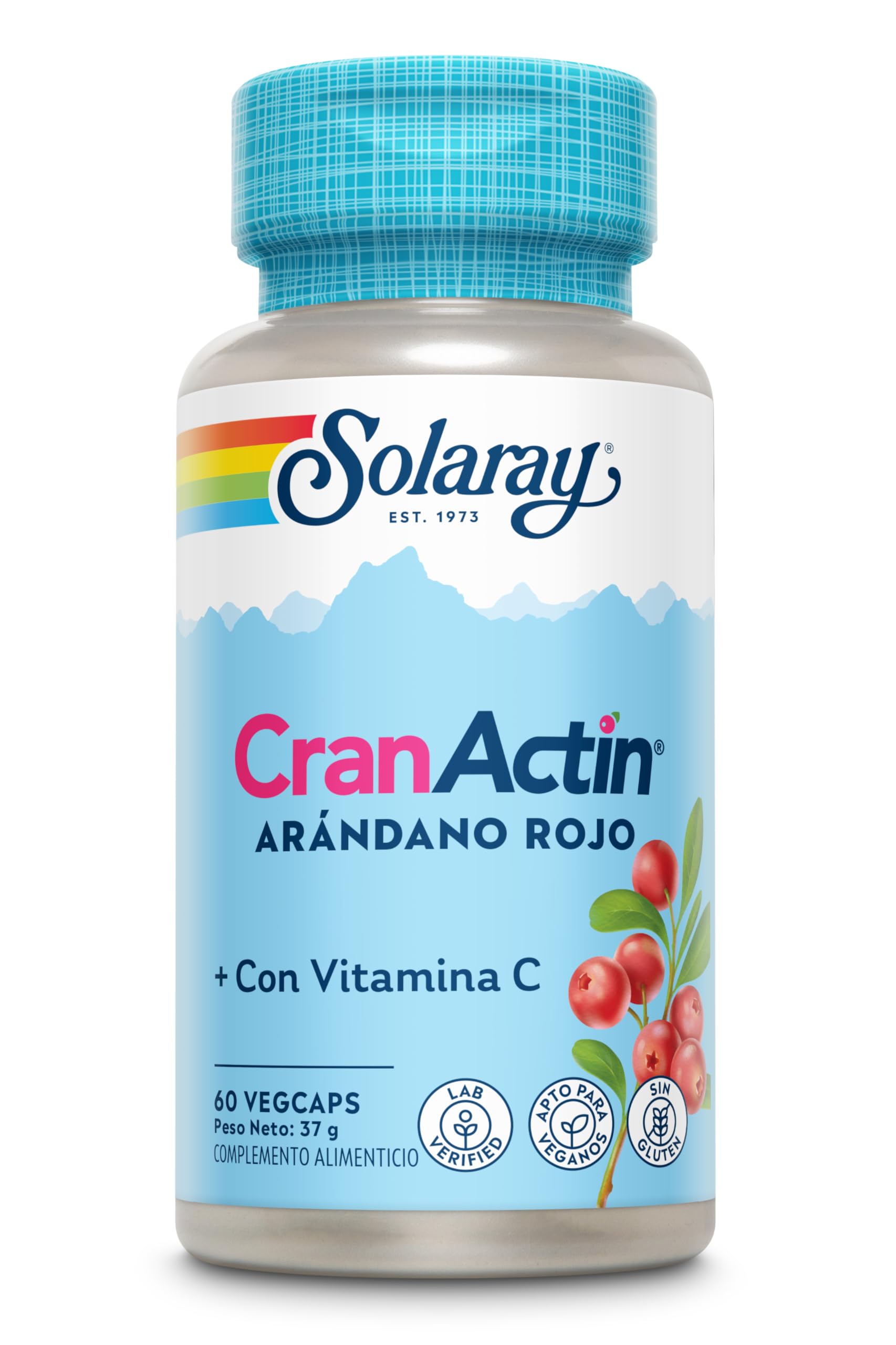 Cranactina arándano con vitamina C, 60 cápsulas veganas, no tabletas, suplemento concentrado de arándano, sin OMG y verificado en laboratorio. Solaray