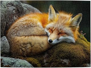 500 Pieces Adult Wooden Jigsaw Puzzle, Peaceful Sleeping Foxes, Oranges and White Coat, Lush Moss Bedding, Natural Rock Setting, Creative Activity Hobbies for Adult