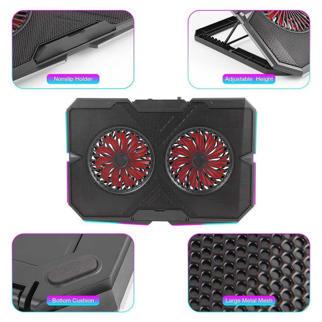 Ventilateur de refroidissement pour ordinateur portable de jeu, 7 hauteurs réglables, Base de refroidissement pour ordinateur portable, alimenté par USB, double Turbo RGB, dissipateur thermique pour à