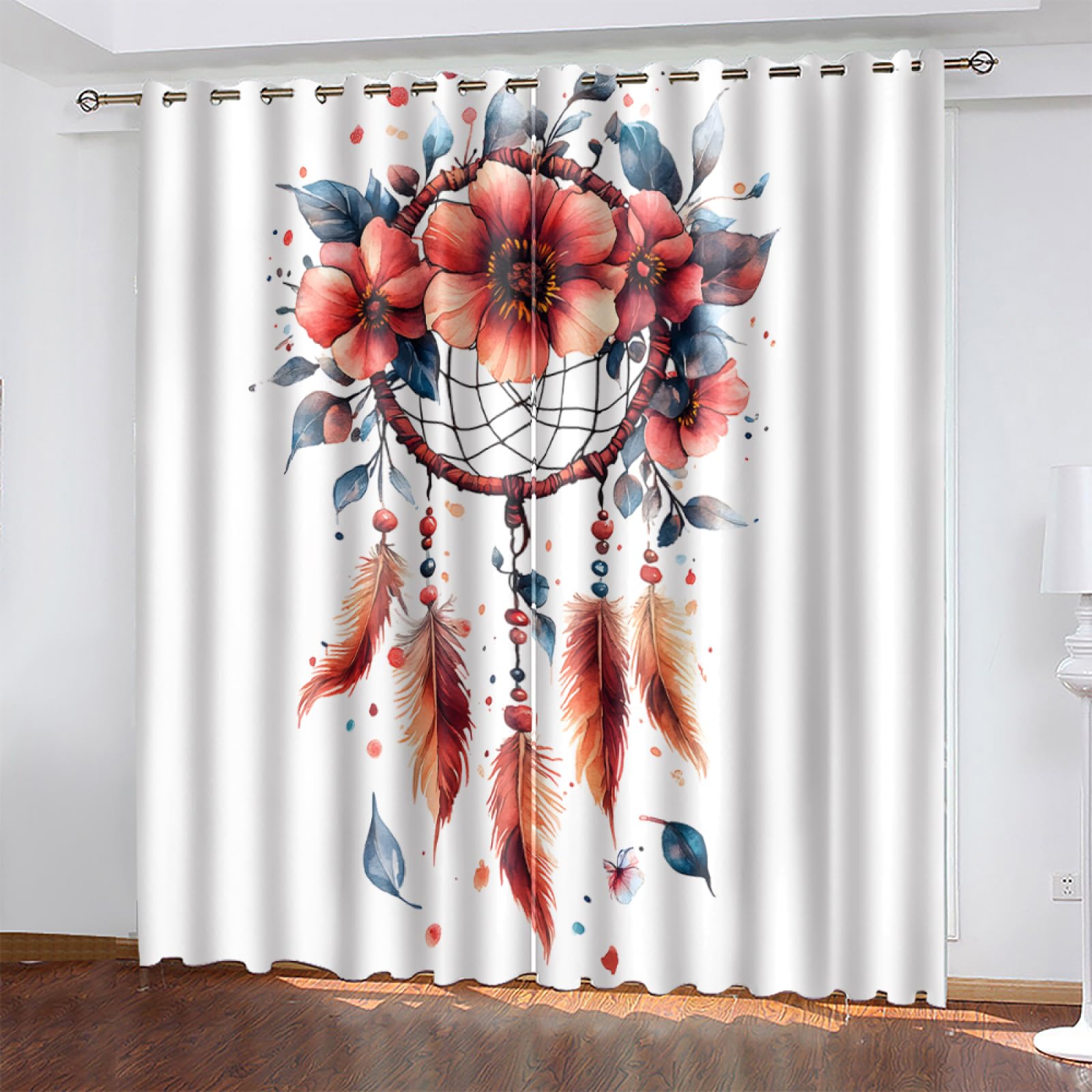 Wazylphin Blackout Eyelet Curtains Blue Leaves Flower Thermal Blackout Curtains for Bedroom Living Room Black Out Curtain Reduce Noise Eyelet Curtins Durable Polyester Thick Window Curtain 2x75x166cm