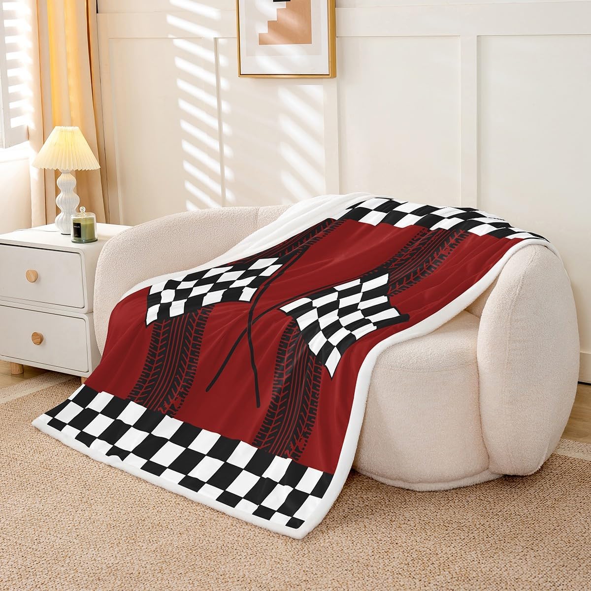 Race Car Themed Throw Blanket for Kids,Geometric Grid Plaid Fleece Throw Blanket for Bedroom Sofa Dorm Decor,Checkered Flag Print Lightweight Bed Blanket,40 x 50 Inches image 3