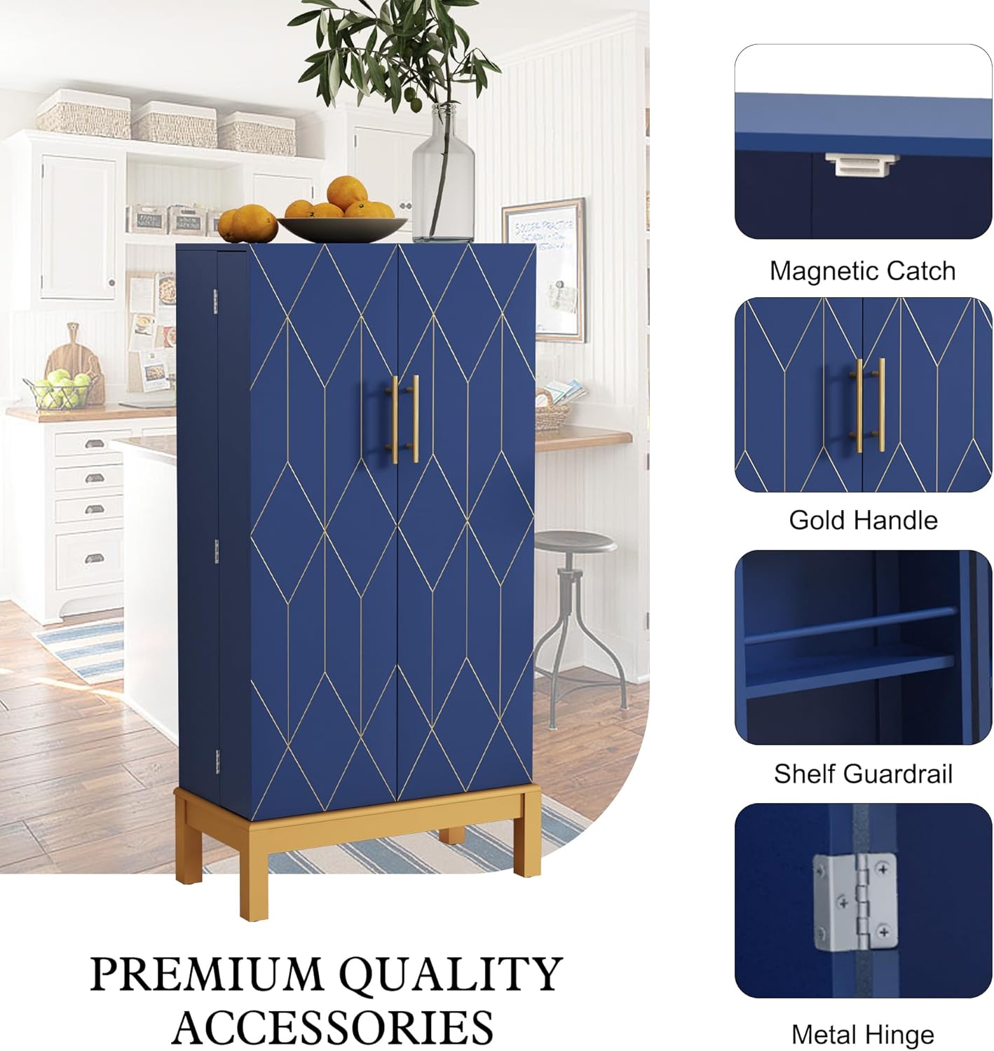ARTPOWER 45'' Kitchen Pantry Cabinet, 4 - Layer Storage Cupboard with Adjustable Shelves for Storage Cabinet Pantry, Food Pantry Cabinet for Kitchen, Dining Room and Living Room,Gold Legs, Blue