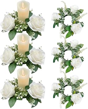 6PCS Candle Wreaths Rings Mini Wreath 7.9 Inch Artificial Rose Floral Candle Rings for Pillars Small Flower Wreath Candle Holder Wedding Centerpieces White