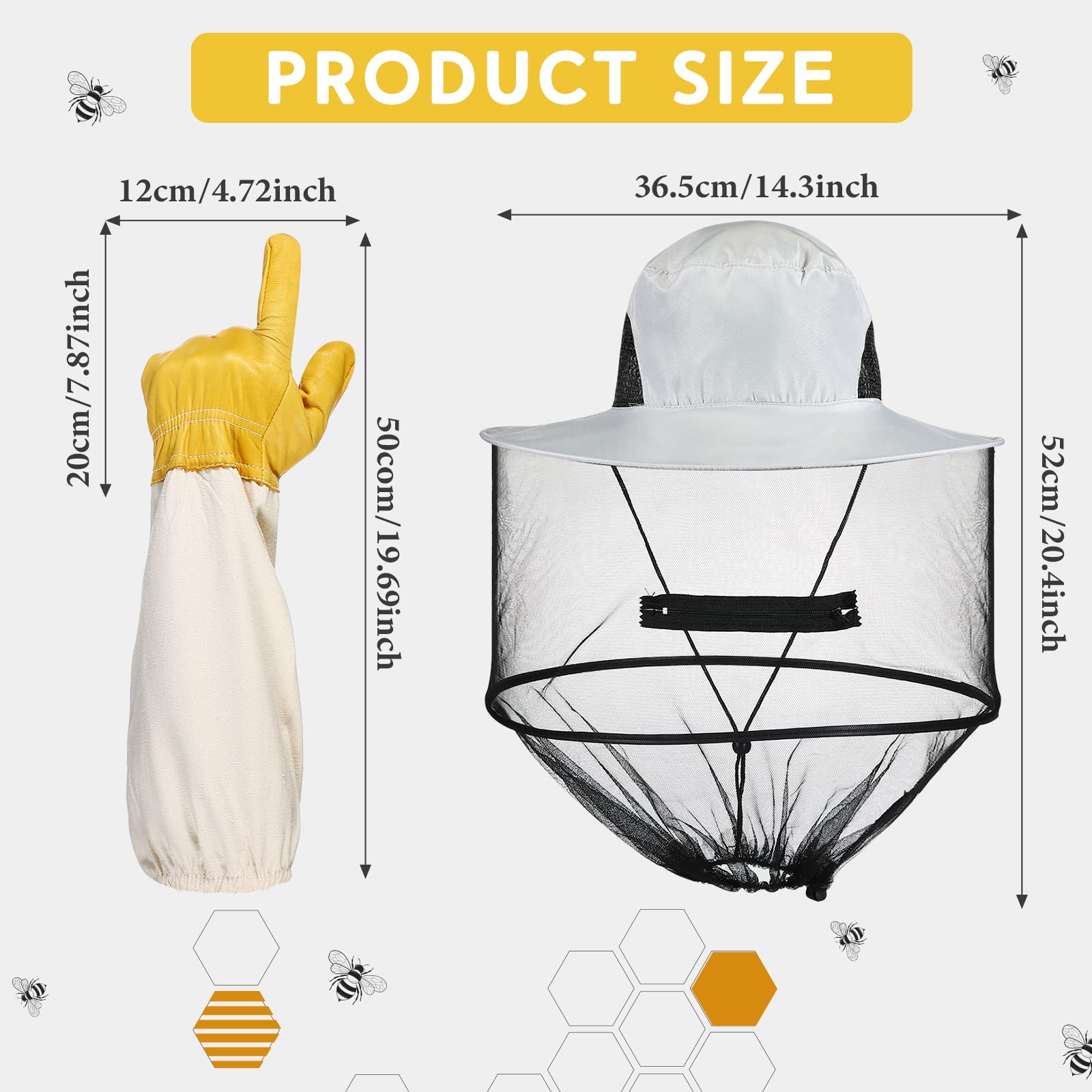 Il set di guanti da apicoltura include guanti spessi in pelle di capra con maniche ventilate e velo da recinzione per apicoltura, cappelli da zanzare, cappello a rete con maschera a rete nascosta
