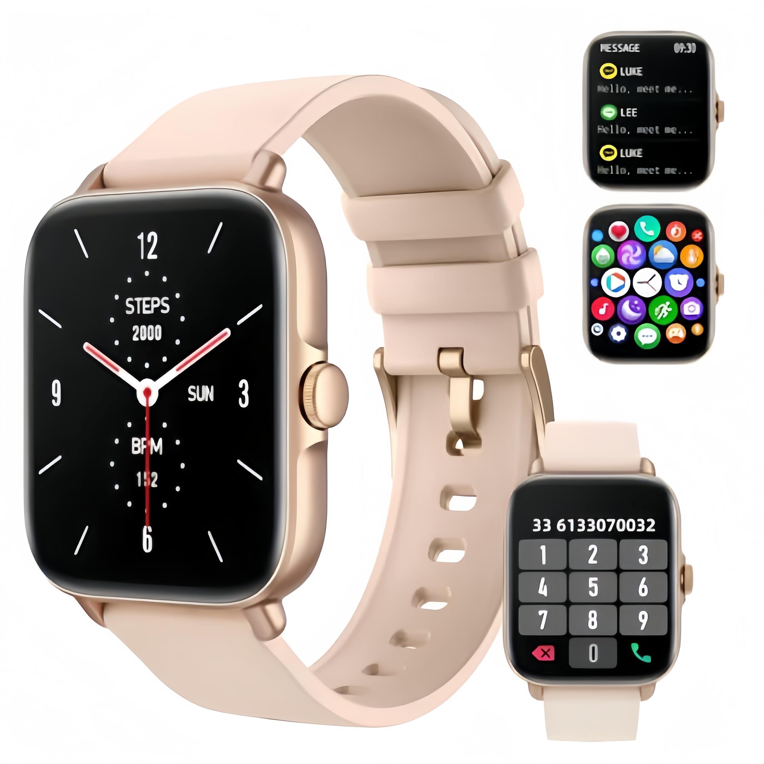 OOOUSE Reloj Inteligente Hombre Mujer,1.7" Smartwatch Deportivo,con Llamada Bluetooth / SPO2/presión Arterial/frecuencia cardíaca/Sueño,IP67 Impermeable Fitness Moniteur para iOS/Android,Oro