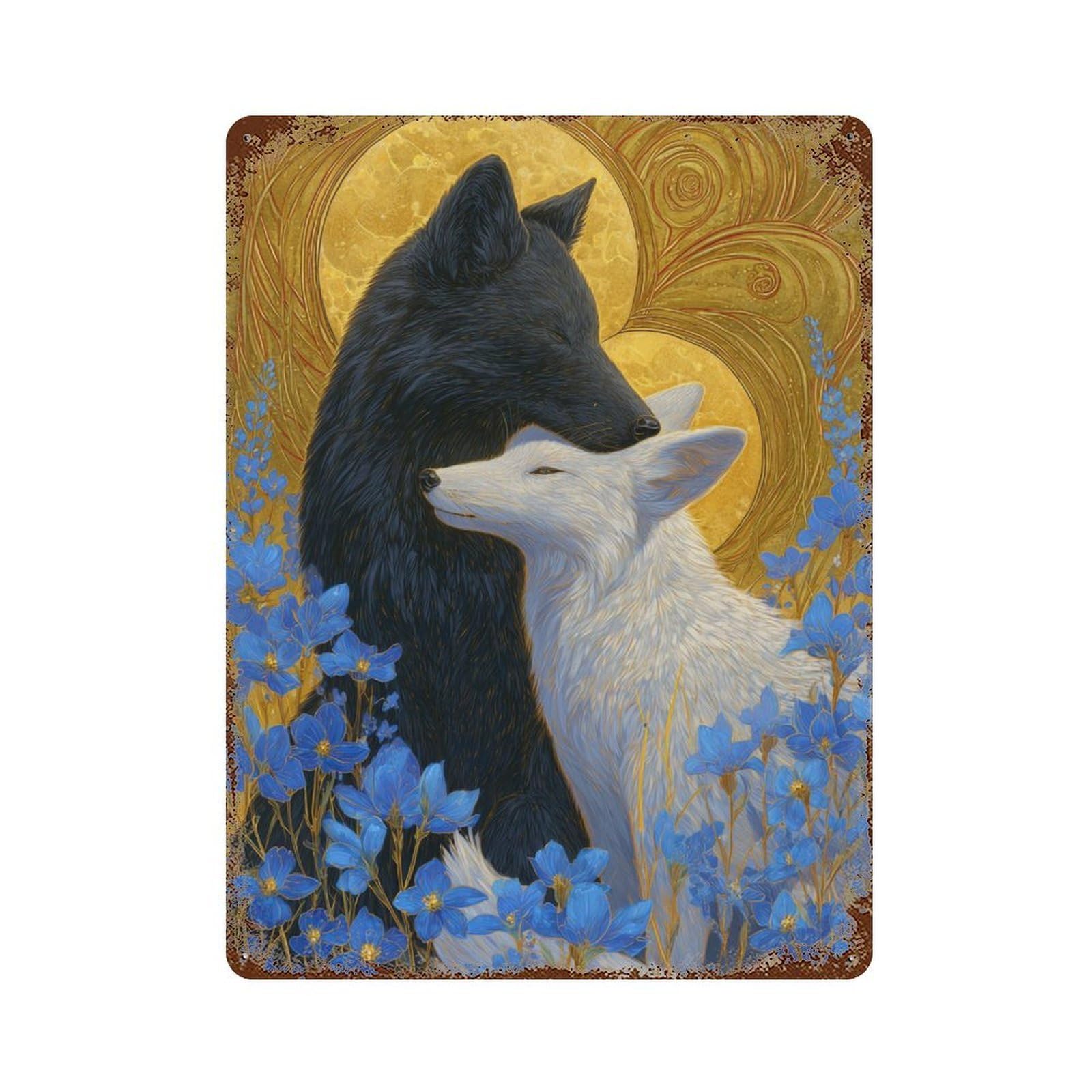 Garage Style Yin-Yang Foxes in Blue Flowers Decorative Tin Sign 15.7"x11.8", Retro Wall Decor for Bar And Workshop