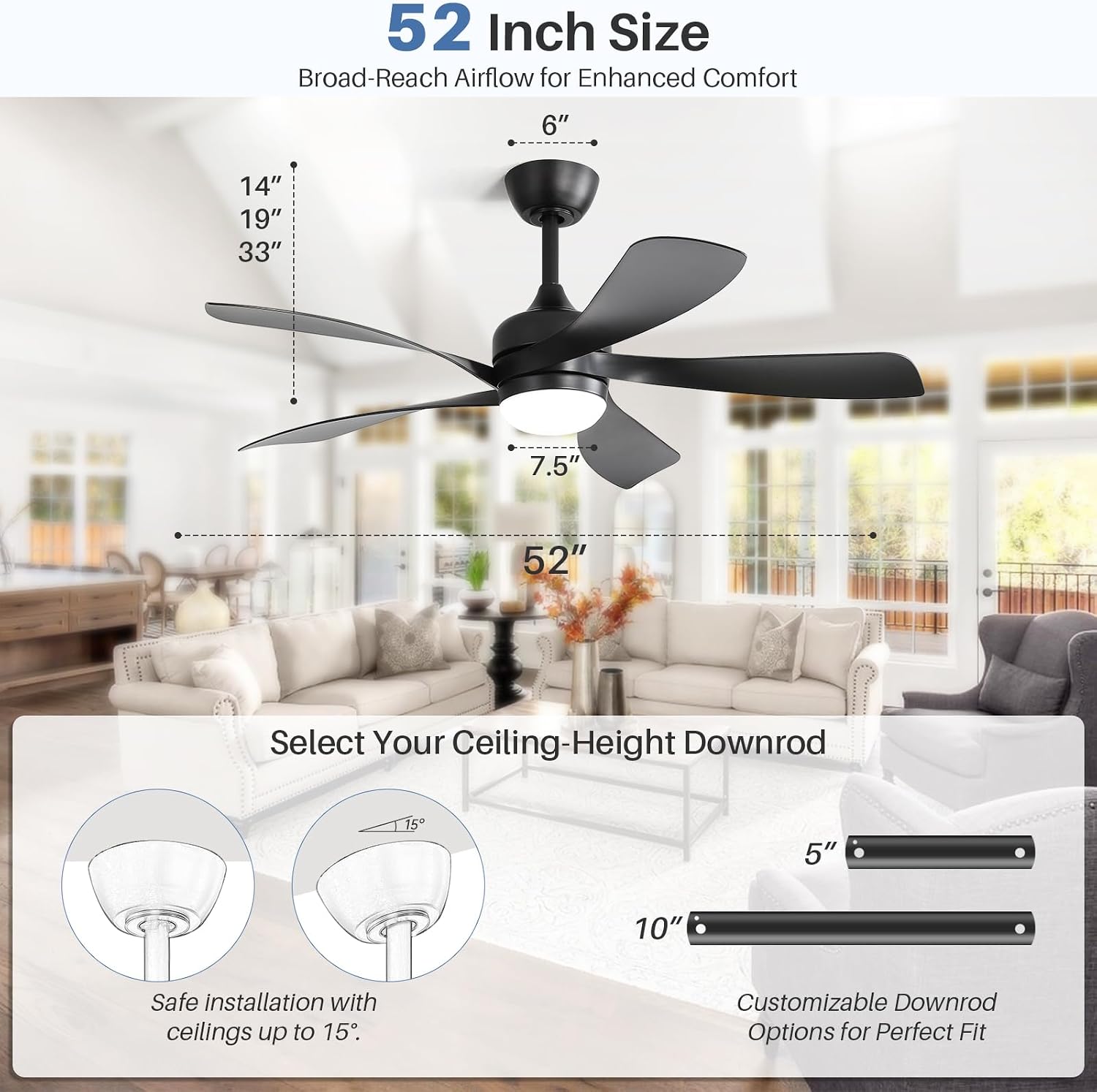 CACI Mall 52 inch Black Ceiling Fans with Lights, Remote Control, Modern, Low Profile, Outdoor Ceiling Fan with 5 Blades, Quiet Reversible DC Motor for Living Room, Bedroom, Patios