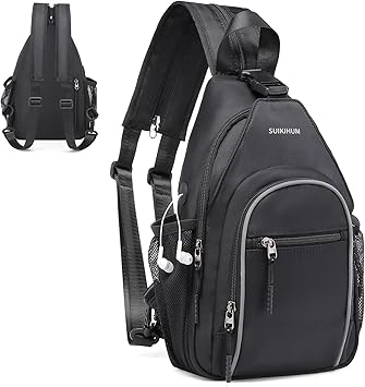 Crossbody Sling Bag with Water Bottle Holder, 8.3" Convertible Small Backpack Anti Theft Daypack, Chest Fanny Pack for Men Women, Black
