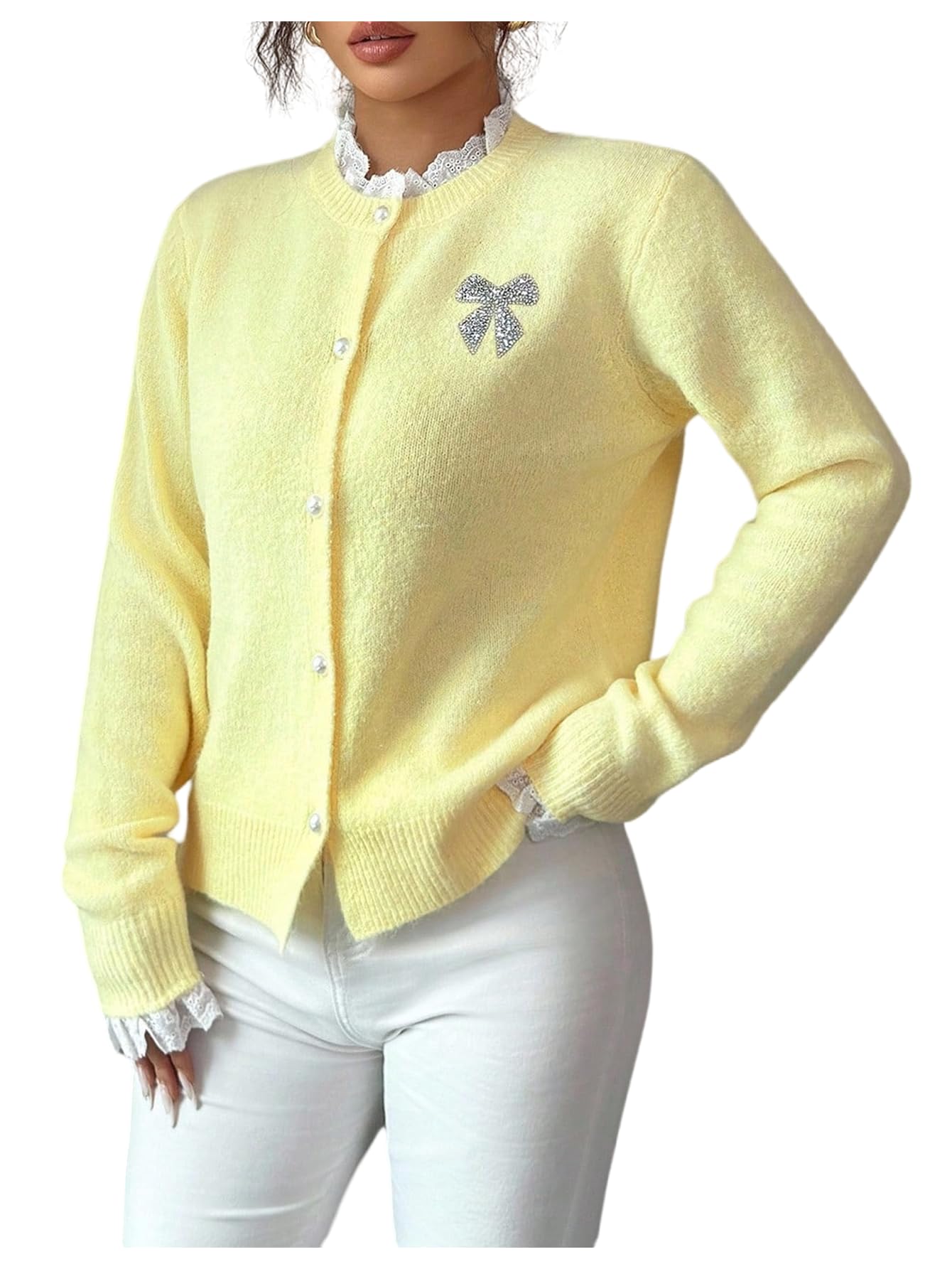 OYOANGLE Womens Button Down Cardigan Sweater Sequin Bow Lace Trim Long Sleeve Sweaters