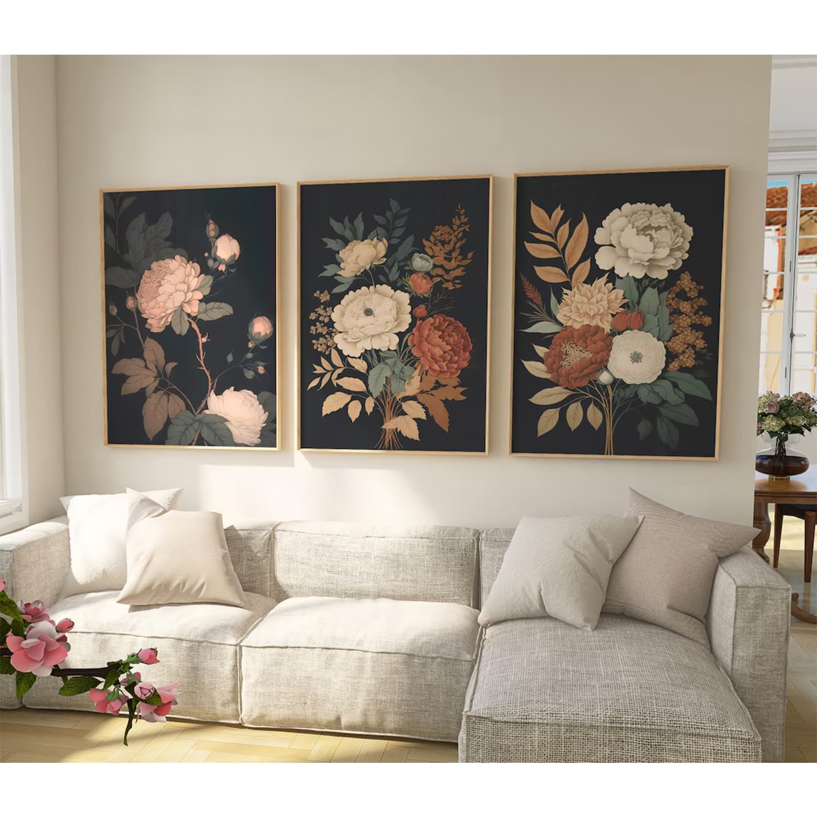 Vintage Flower Wall Art Dark Floral Canvas Wall Art Botanical Farmhouse Prints Black Flower Pictures Wall Decor Moody Floral Artwork Painting for Living Room Bedroom 16x24x3 Inch Unframed