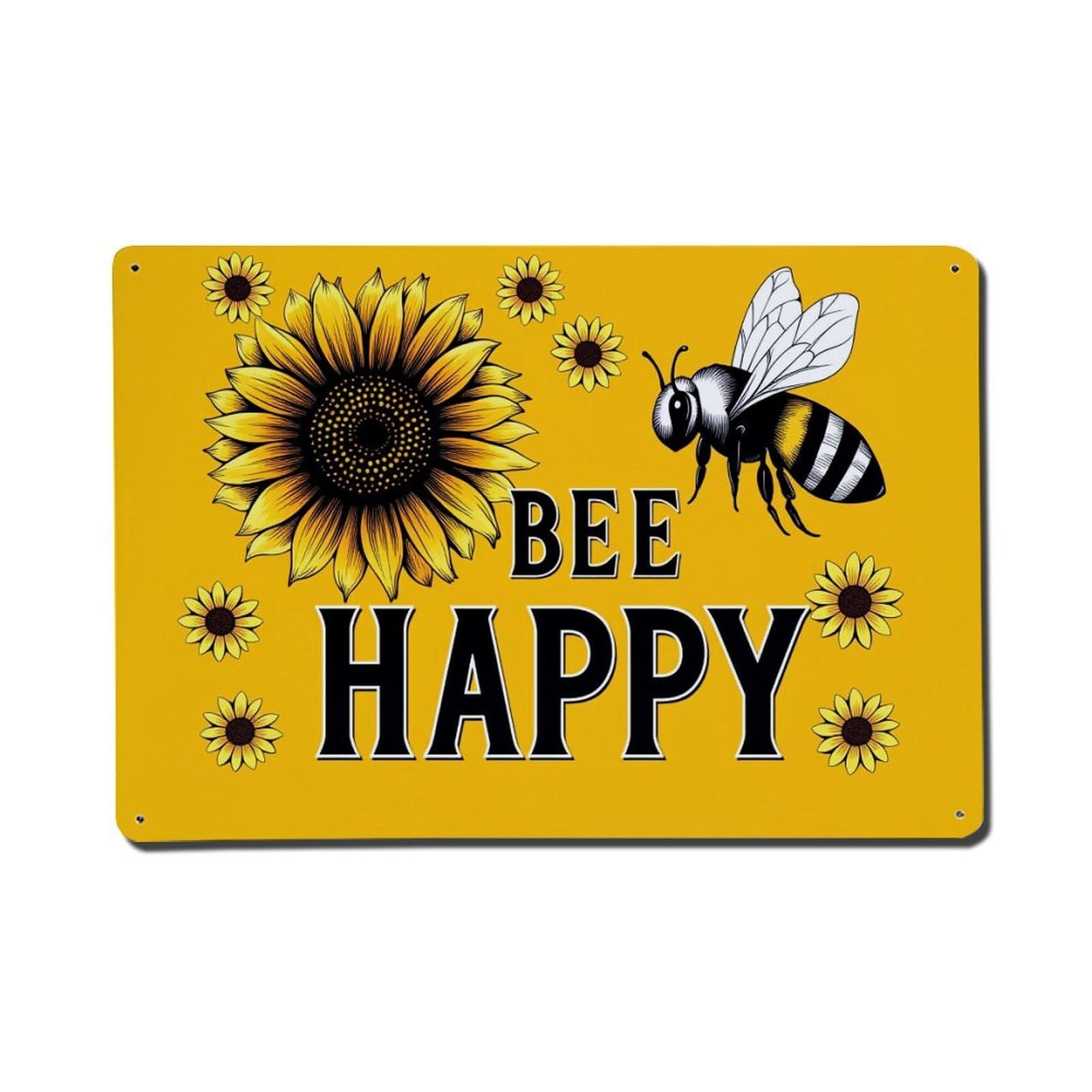 Sunflower Bee Happy Pattern Print Design Tin Sign Vintage Metal Poster, Home Bar Garage Man Cave Cafe Indoor & Outdoor Wall Decoration 8x12Inches