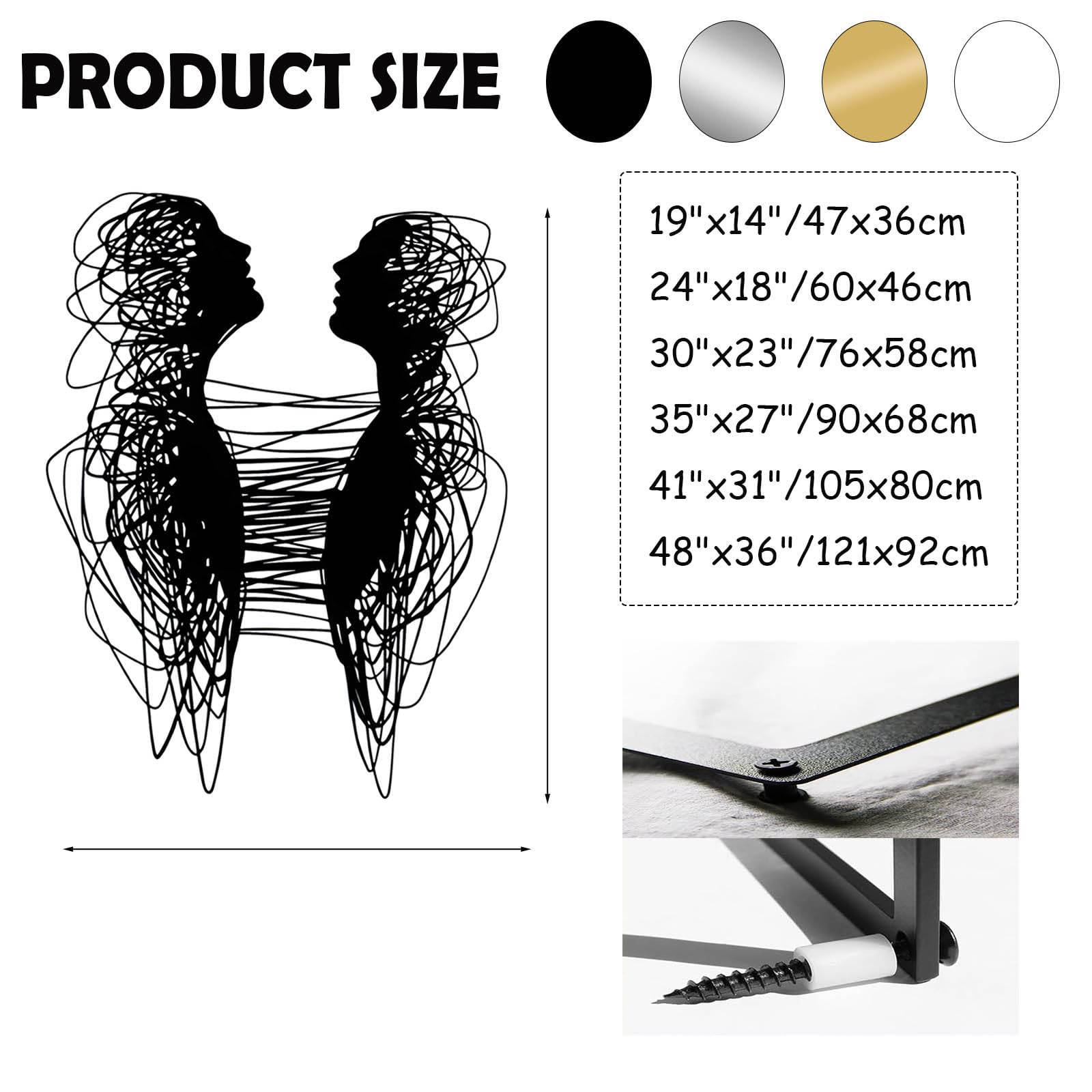 Nowoczesna minimalistyczna sztuka metalowa dekoracja ścienna abstrakcyjna para, sztuka liniowa, wisząca, dla par, salonu, łazienki, wisząca (srebrna, 47 x 36 cm)