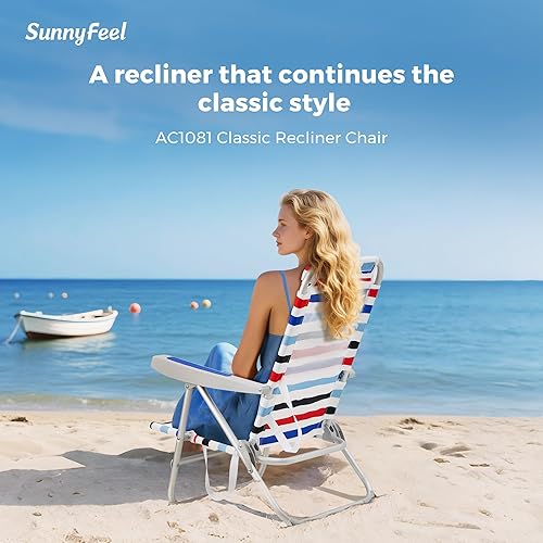 Miniatura 3 de SUNNYFEEL Silla de playa portátil, silla de playa plegable con respaldo bajo, silla de campamento ligera con posición reclinable, tumbona mochila