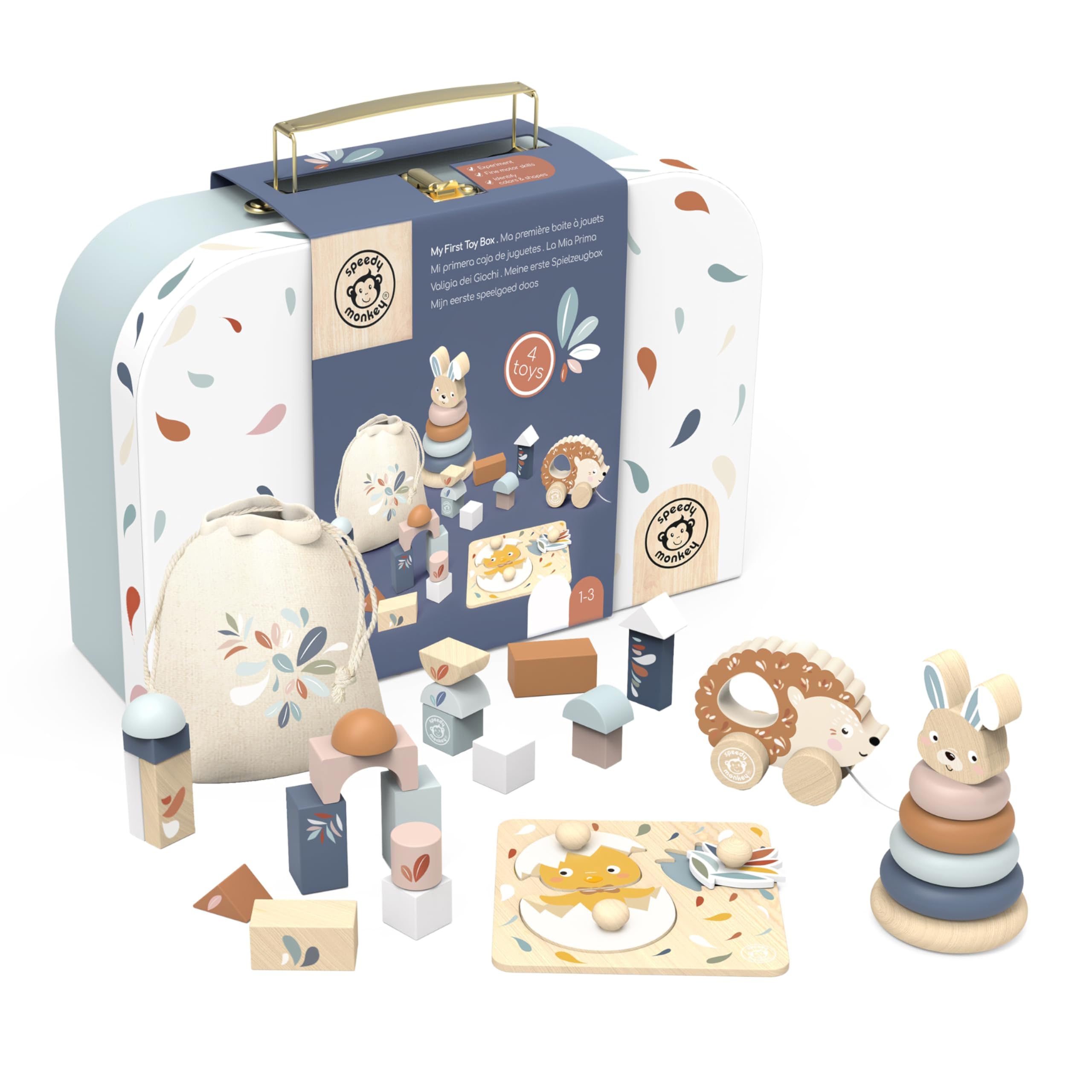 SPEEDY MONKEY My First Toy Box – Multicolor Wooden Nursery Toy Set for Kid, FSC Certified Play Box for Toddler, Includes Building Blocks, Stacking Rabbit, Chick Puzzle & Pull-Along Hedgehog