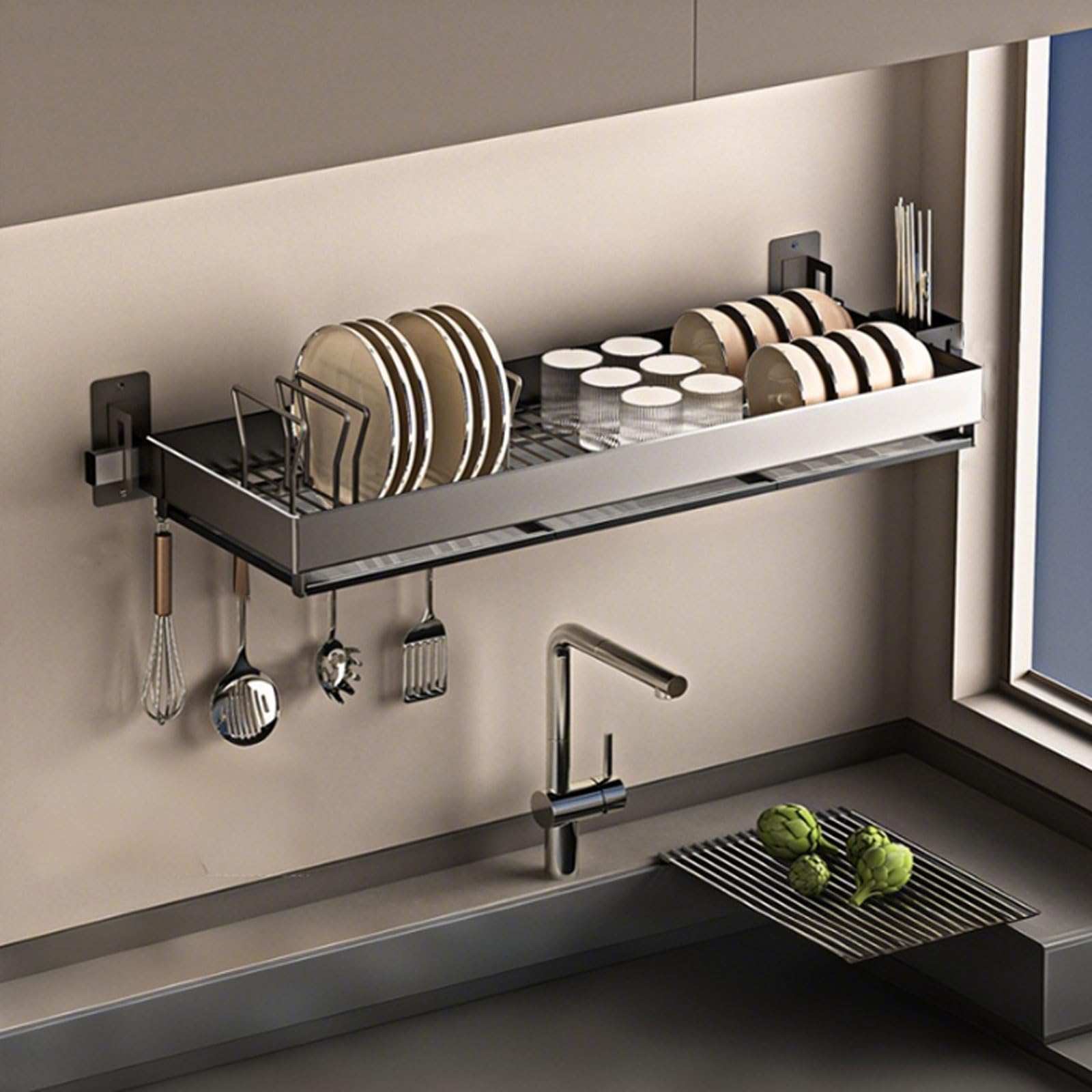 Scolapiatti da Parete in Acciaio inoxs,Scolapiatti da Cucina di Grande capacità,Scaffale per Stoviglie con Scolapiattis,Salvaspazio,per Piatti,Ciotole,Tazze,cucchiai e forchette