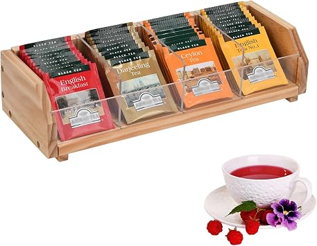 Tea Bag Storage Organizer Box with 4 Compartments, Pine Wood and Acrylic, 13.5 x 4.9 x 3.1 inches for Drawer, Cabinet, Countertop, Tea Tray Wood