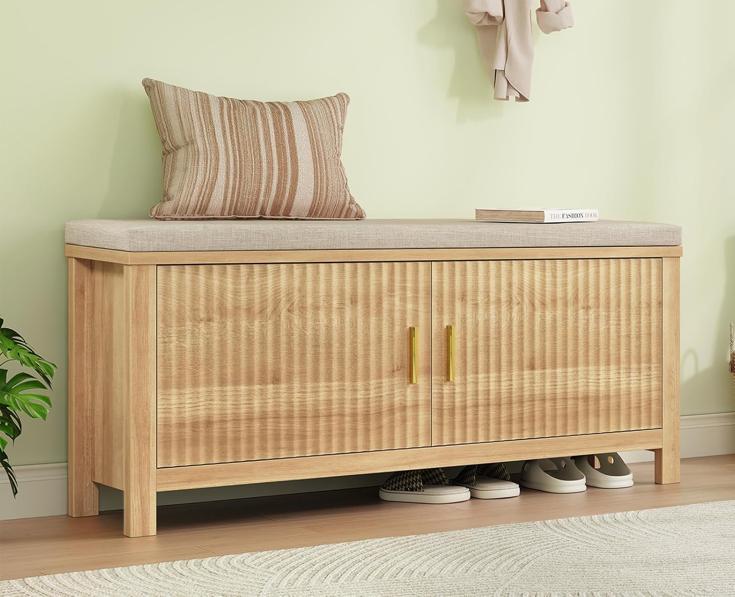 39.4" Fluted Shoe Storage Bench with Cushion, 2-Tier Entryway Bench with 2 Doors & Adjustable Shelves, Shoe Cabinet Bench for Entryway, Bedroom, Hallway, and Living Room