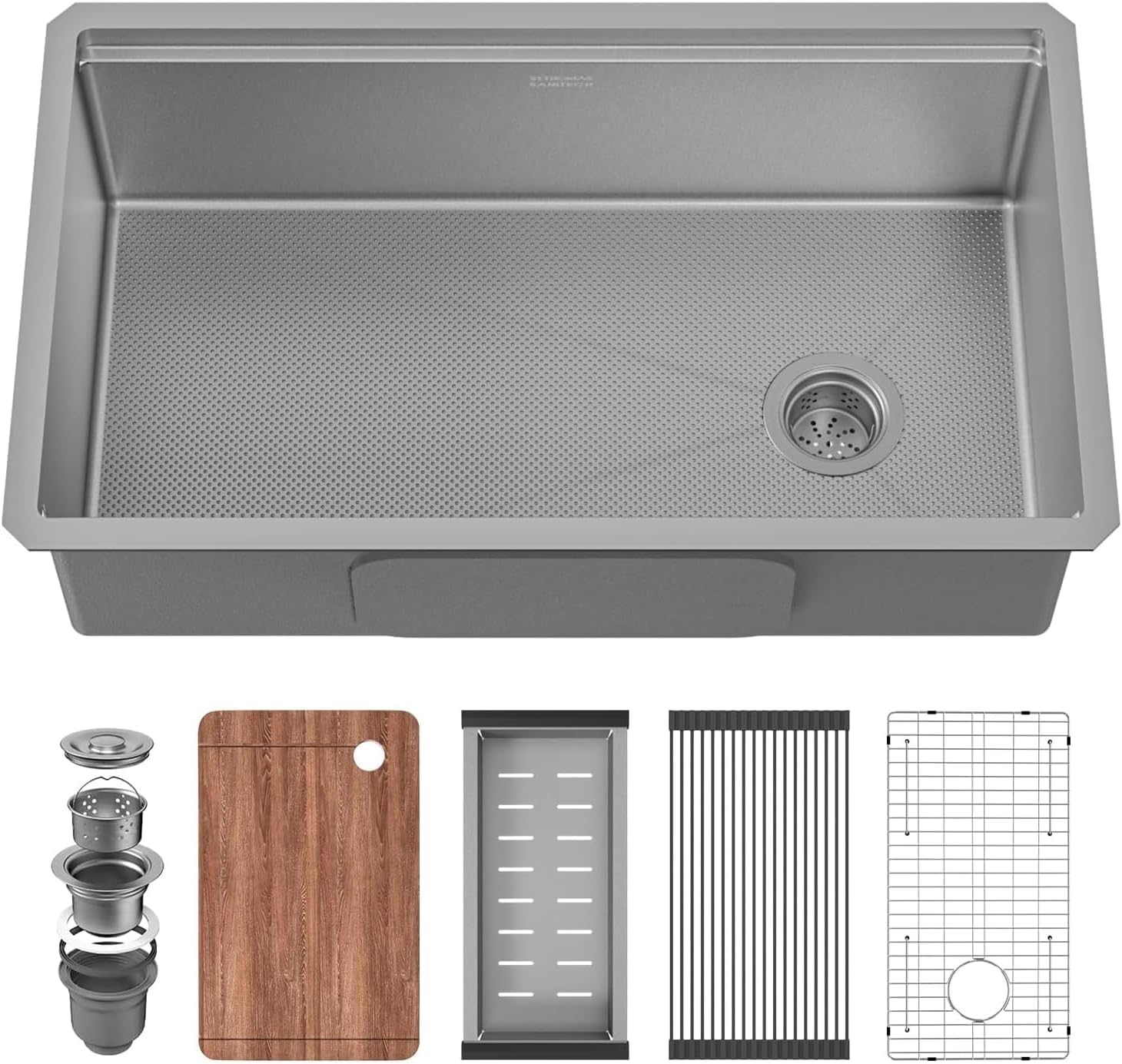 32-Inch Undermount Kitchen Sink, 304 Stainless Steel with Nano Coating, Single Bowl for Workstation, RV, Prep Kitchen, Includes Cutting Board &amp; Roll-Up Dish Rack, and More Accessories (Silver)