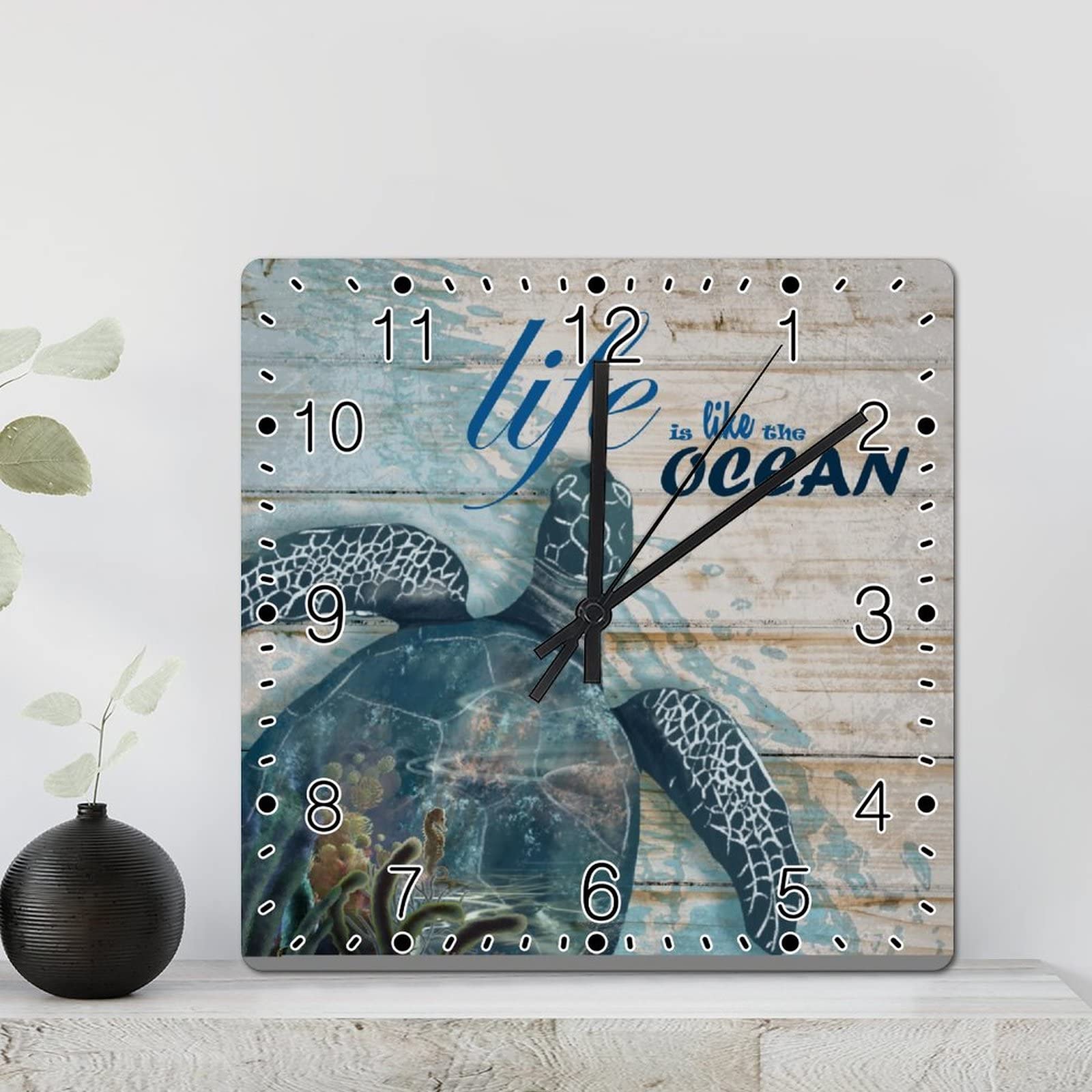 Horloge murale carrée tortue de mer corail 30 cm silencieuse à piles
