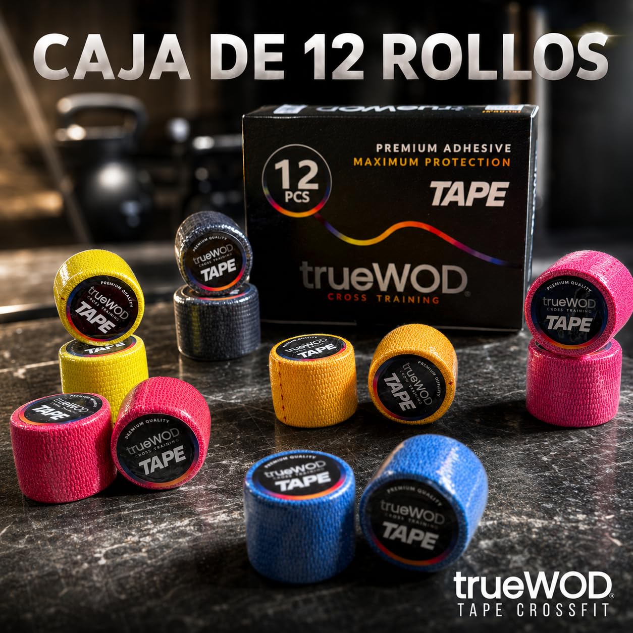 trueWOD Tape Crossfit Dedos Cinta Adhesiva Flexible Hook Grip Tape Athletic Esparadrapo Deportivo Accesorios Crossfit Mujer Hombre Halterofilia - 12 Rollos de 4.5m x 5cm Multicolor