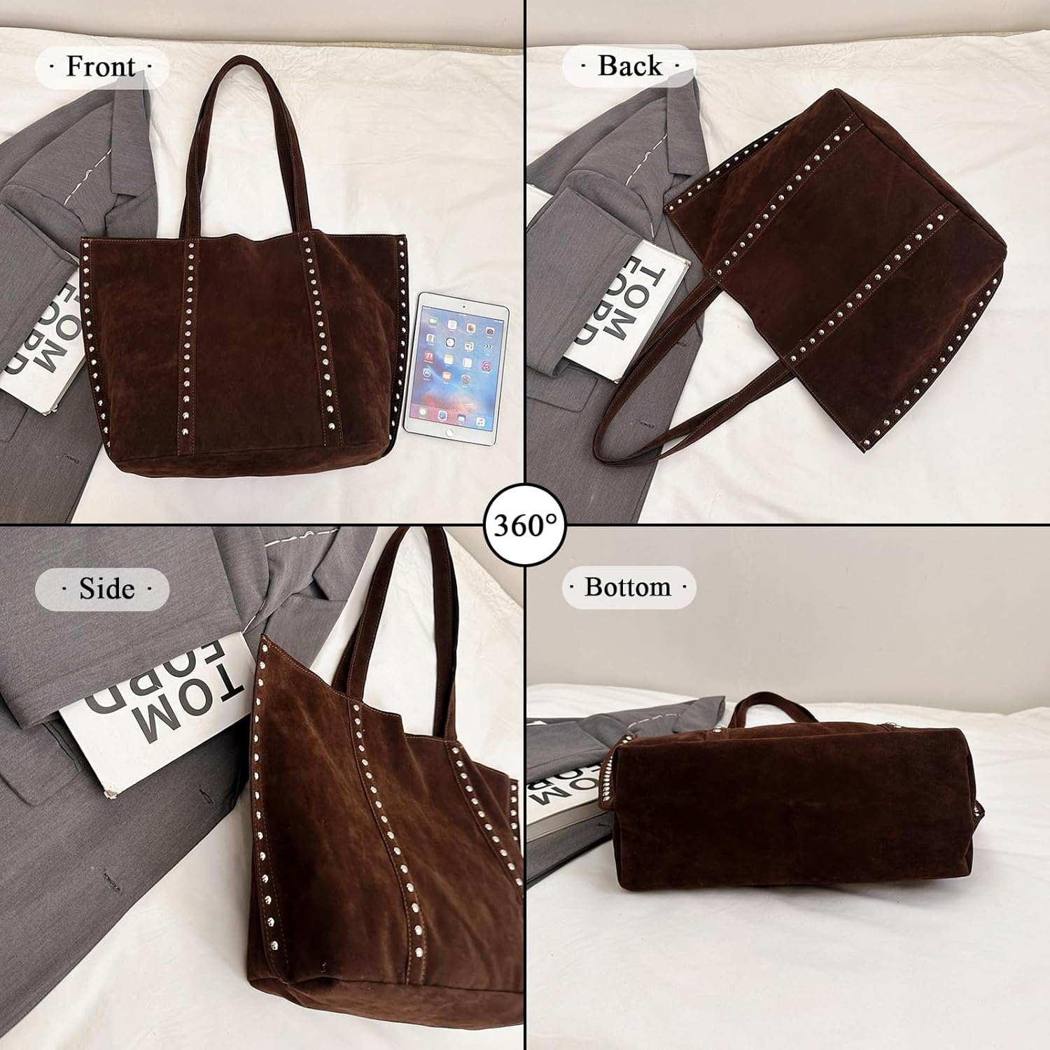 JQAliMOVV Suede Tote Bag for Women Trendy Suede Purse Large Capacity Studded Shoulder Handbag - Image 6