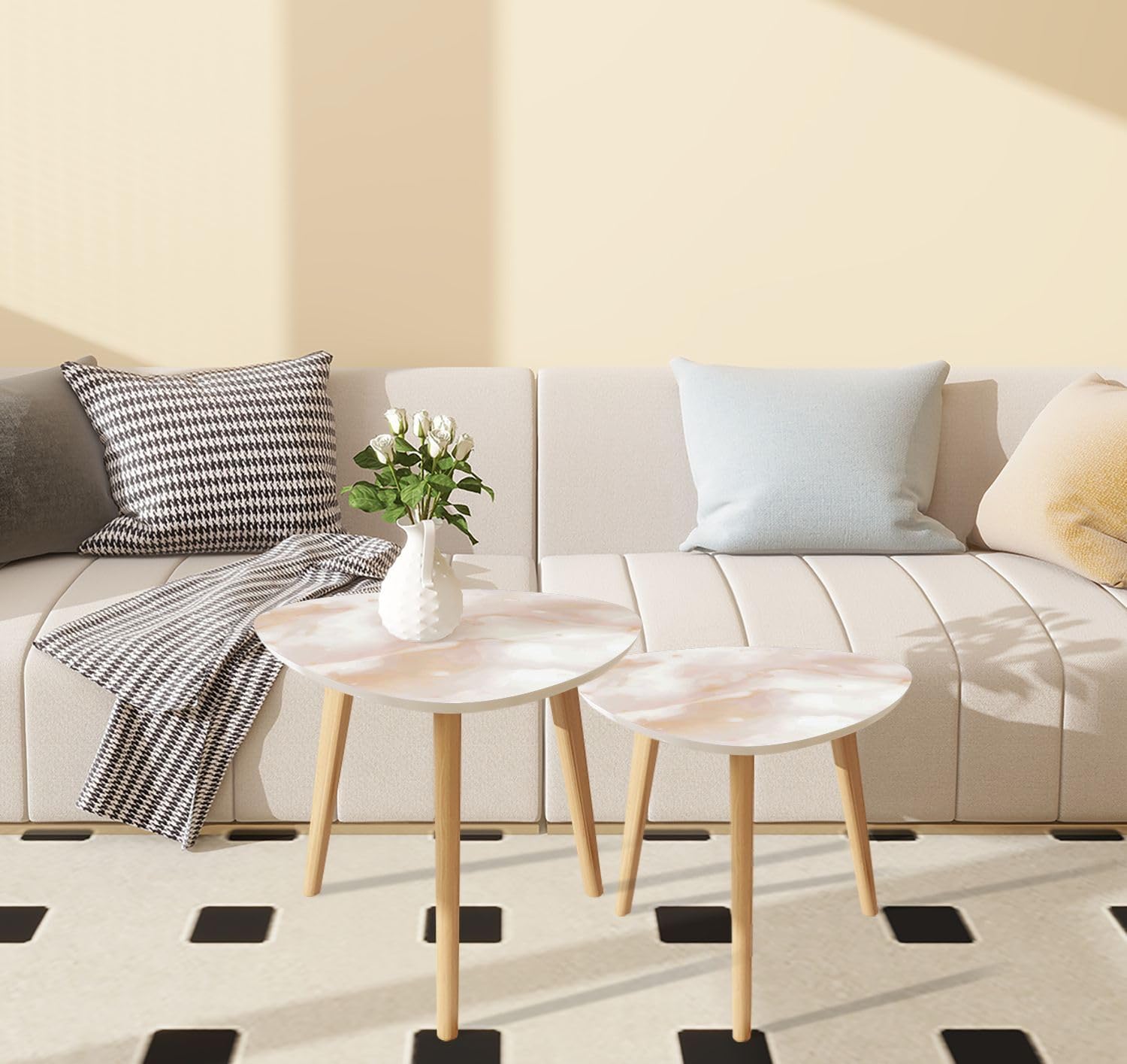 Triangle Nesting Coffee Table Set of 2 Light Marble Texture Beige Water Color Background Beige Rock Slate Modern Minimalist Side Table Small End Table Leisure Tea Table Living Room Bedroom Office