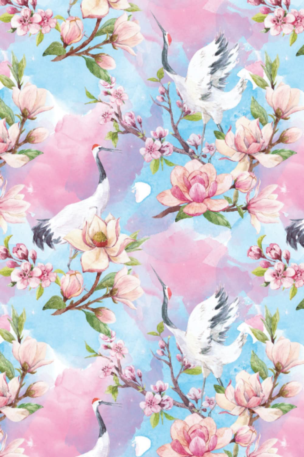 Japanese Cherry Blossoms Crane Birds Notebook Journal Blank Wide Ruled Pages Paper Composition Book Daily Planner Notes