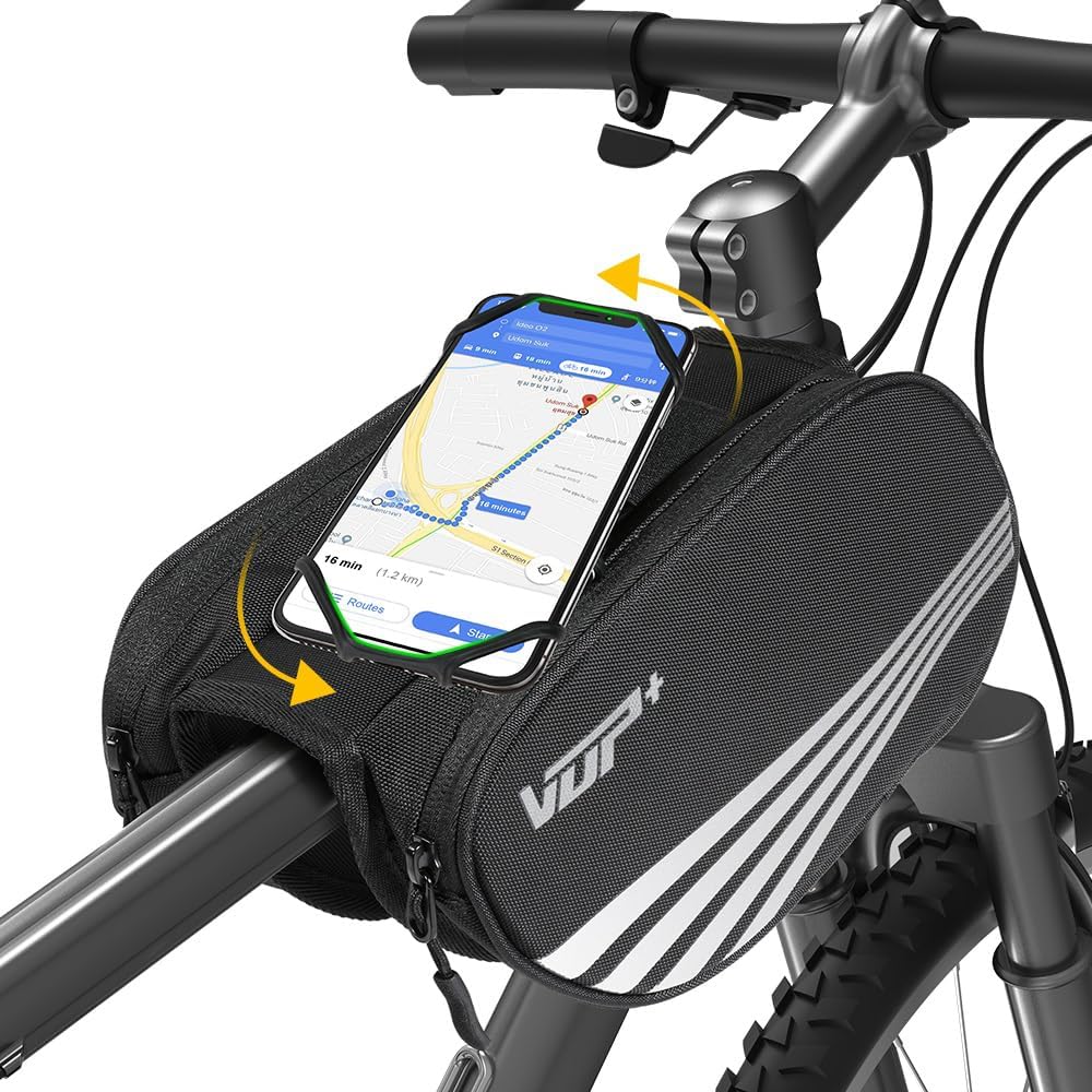 VUP Bike Front Frame Bag, Universal Bicycle Motorcycle Handlebar Bag, Top Tube Bike Bag with 360° Rotation Cell Phone Holder for iPhone 11 Pro/XS MAX/XR/X/7/8 Plus, Galaxy S9/8/7/6/Note, Nubia, Huawei