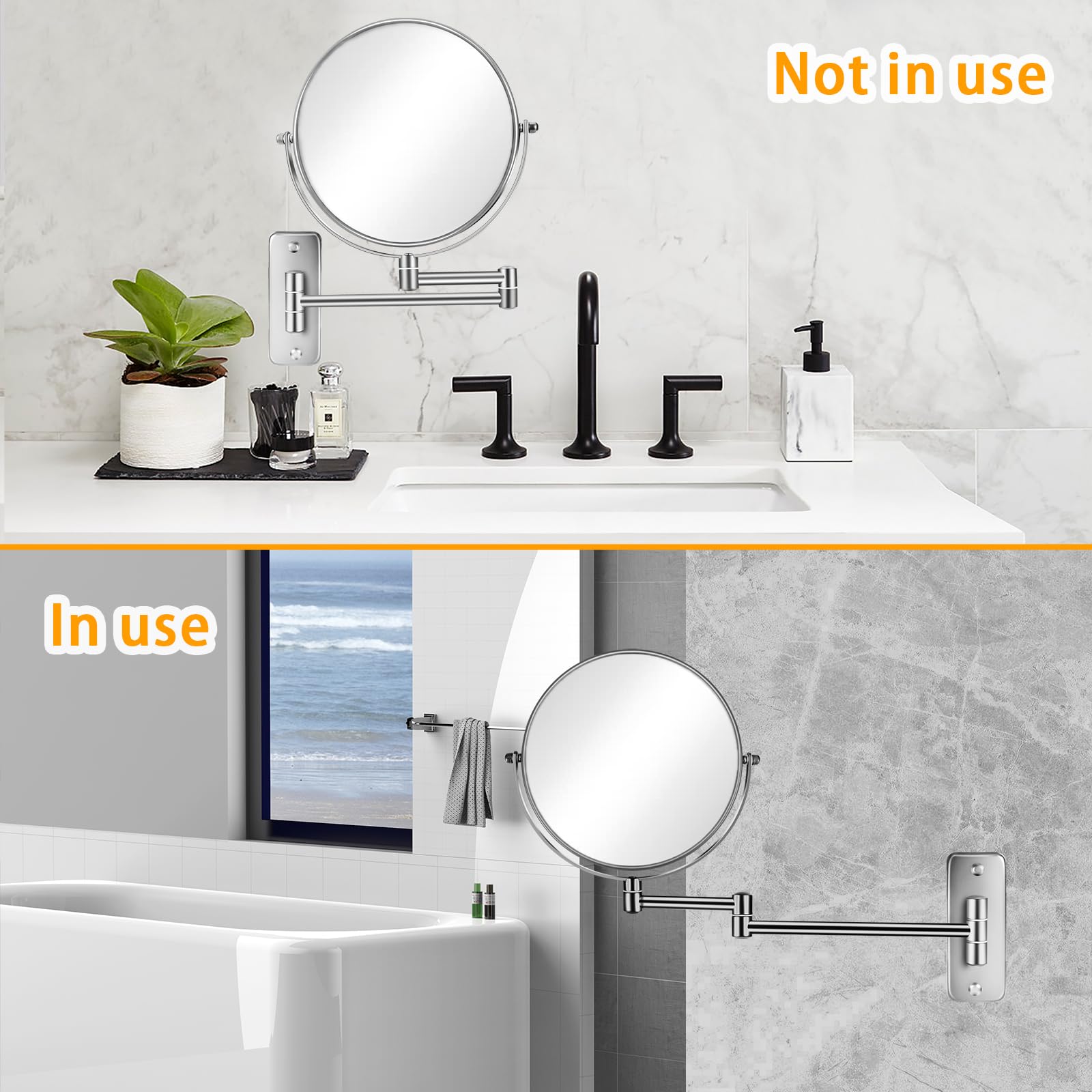 Miroir de maquillage grossissant 10X à fixation murale de 8" double face avec bras télescopique pivotant à 360° pour salle de bain et hôtel - Chrome