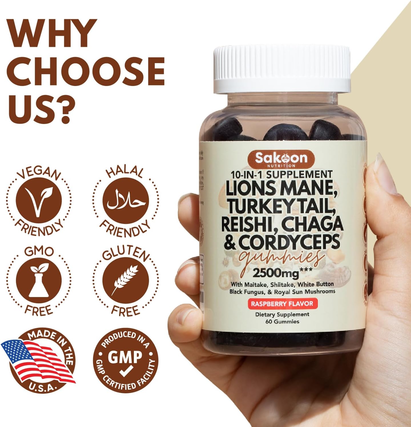 Sakoon nutrition Lions Mane Mushroom Gummies 2500mg | 10-in-1 Dietary Supplement with Turkey Tail, Reishi & More | Lions Mane Gummies Raspberry Flavored | 60 Count - Image 7