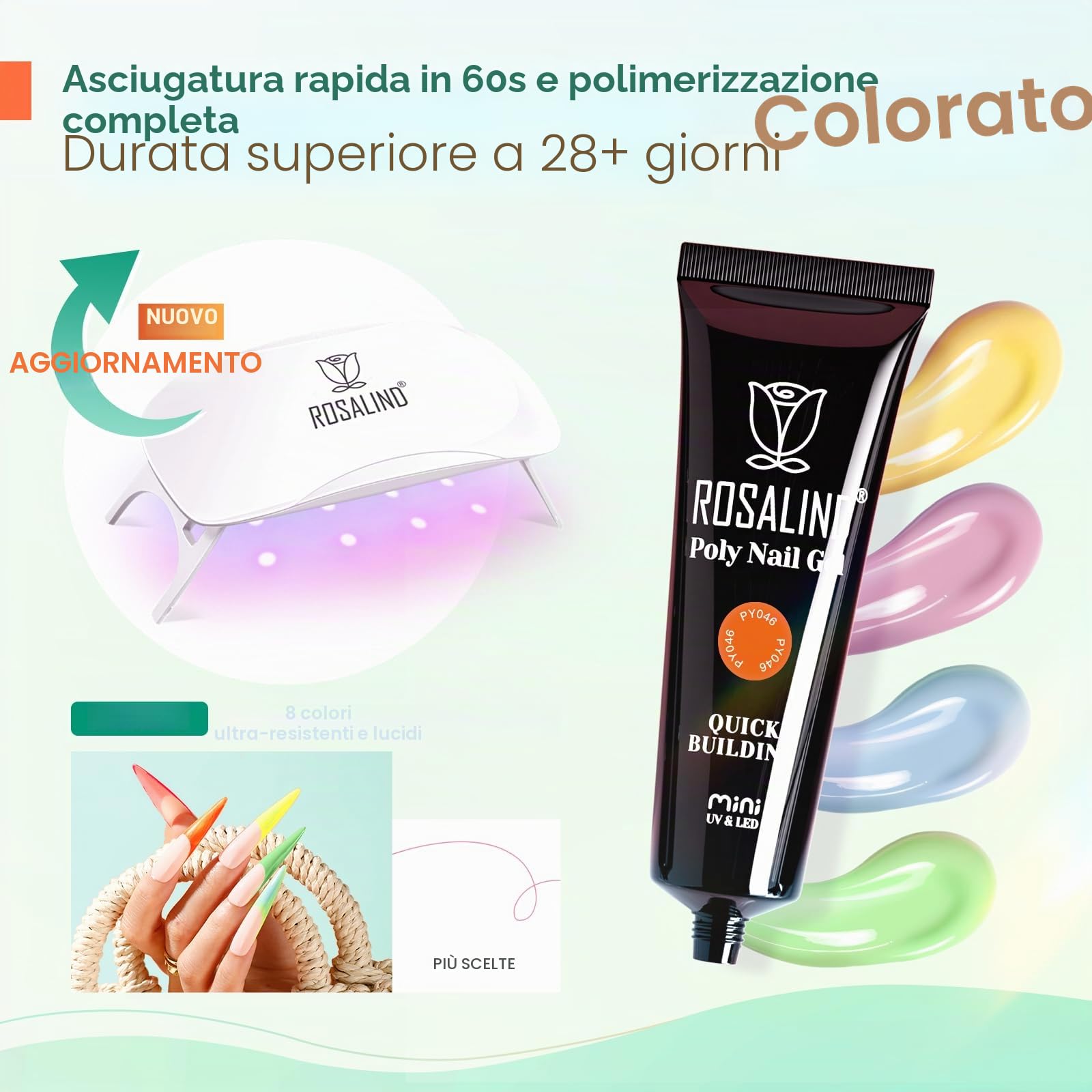 ROSALIND Gel Unghie Ricostruzione Kit Completo, 8 Colori Poligel 10ml con Base & Top Coat, Lampada UV e Strumenti, per Fai Da Te a Casa, Professionale Salone, Kit Unghie Gel Nail Art