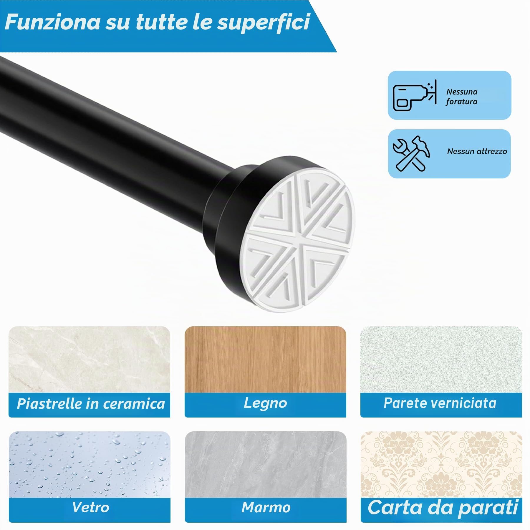 Bastone Tenda Doccia Bastone Per Tenda a Pressione Senza Foratura Estensibile Asta Tenda a Pressione per Doccia, Diametro 25mm, 85-160cm, Bianco(1 Pezzo)