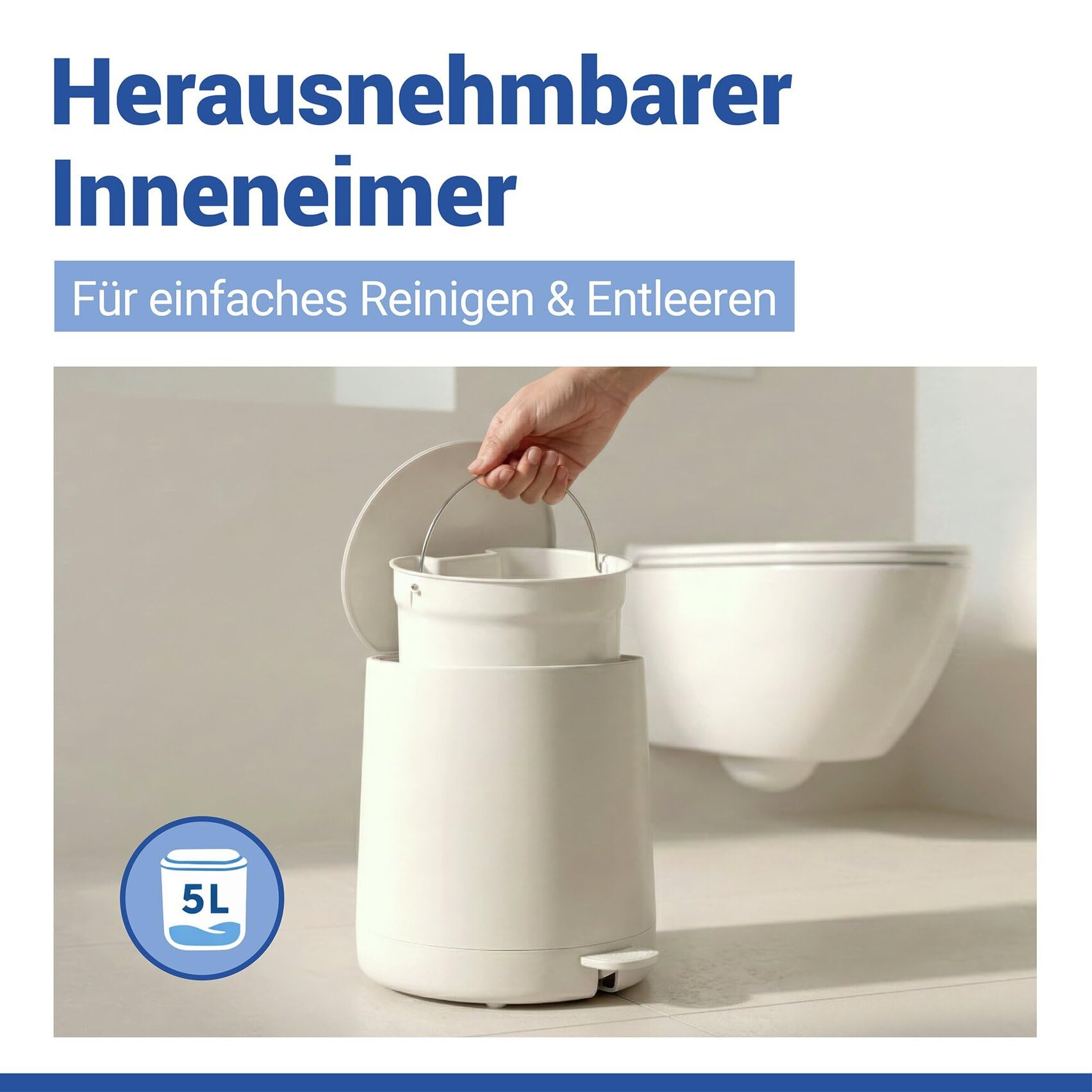 WENKO Kosmetik Treteimer Mod. Fablo aus Kunststoff, Soft-Touch-Beschichtung, Bad-Mülleimer 5 L, Abfalleimer mit Easy-Close Absenkautomatik und Einsatzbehälter, für Bad, Küche oder Büro, creme matt